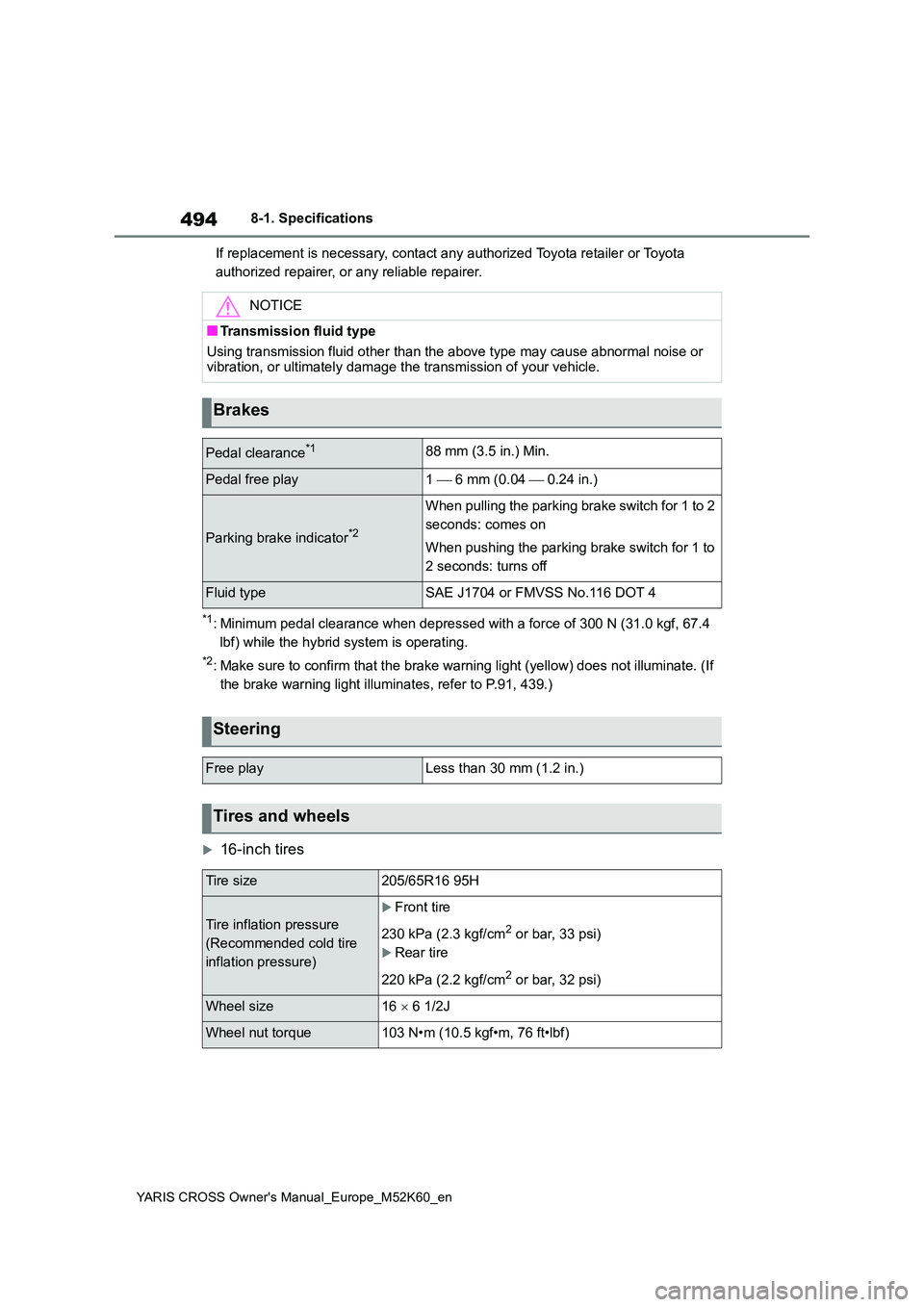 TOYOTA YARIS CROSS 2021  Owners Manual 494
YARIS CROSS Owner's Manual_Europe_M52K60_en
8-1. Specifications 
If replacement is necessary, contact any authorized Toyota reta iler or Toyota  
authorized repairer, or any reliable repairer.