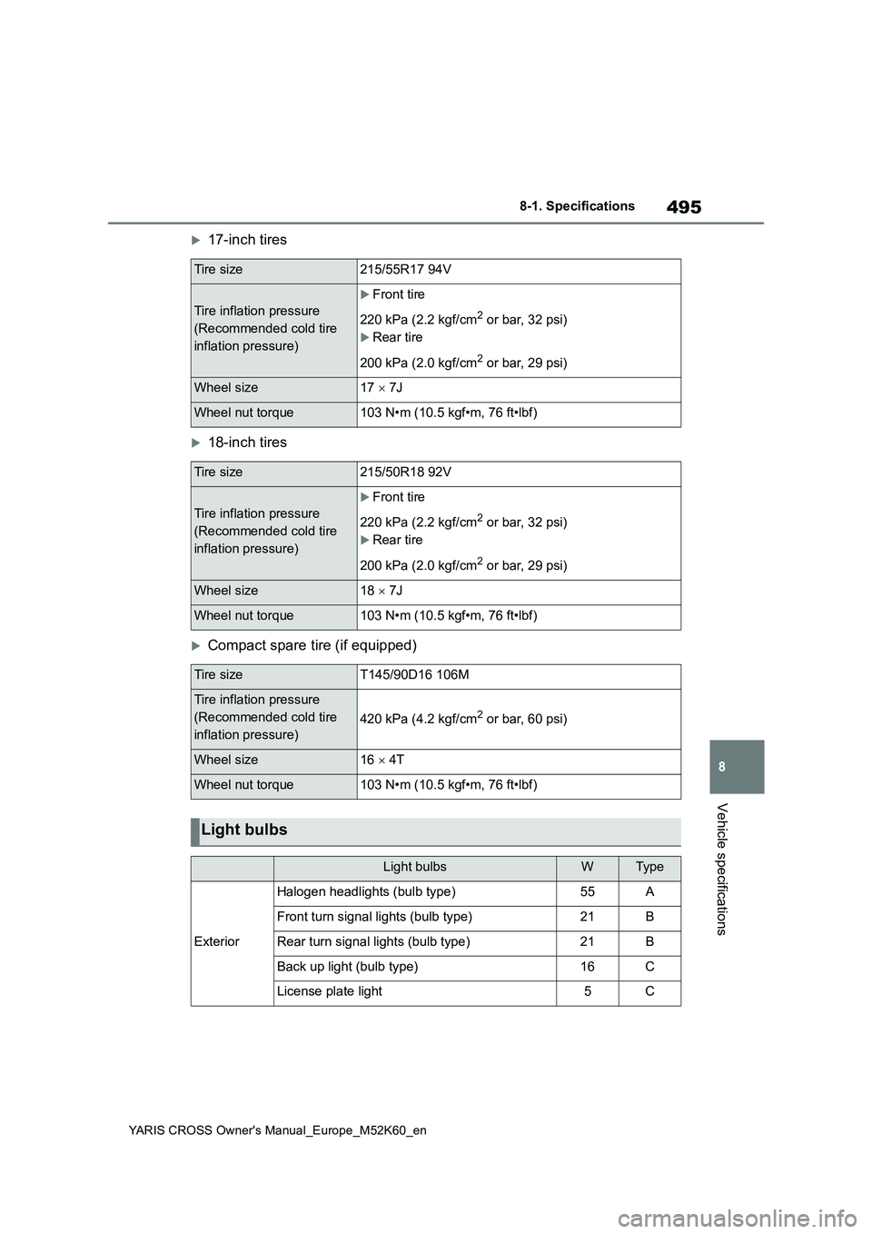 TOYOTA YARIS CROSS 2021 Owners Manual 495
8
YARIS CROSS Owner's Manual_Europe_M52K60_en
8-1. Specifications
Vehicle specifications
17-inch tires
18-inch tires
Compact spare tire (if equipped)
Tire size215/55R17 94V
Tire infla TOYOTA YARIS CROSS 2021 Owners Manual 495
8
YARIS CROSS Owner's Manual_Europe_M52K60_en
8-1. Specifications
Vehicle specifications
17-inch tires
18-inch tires
Compact spare tire (if equipped)
Tire size215/55R17 94V
Tire infla
