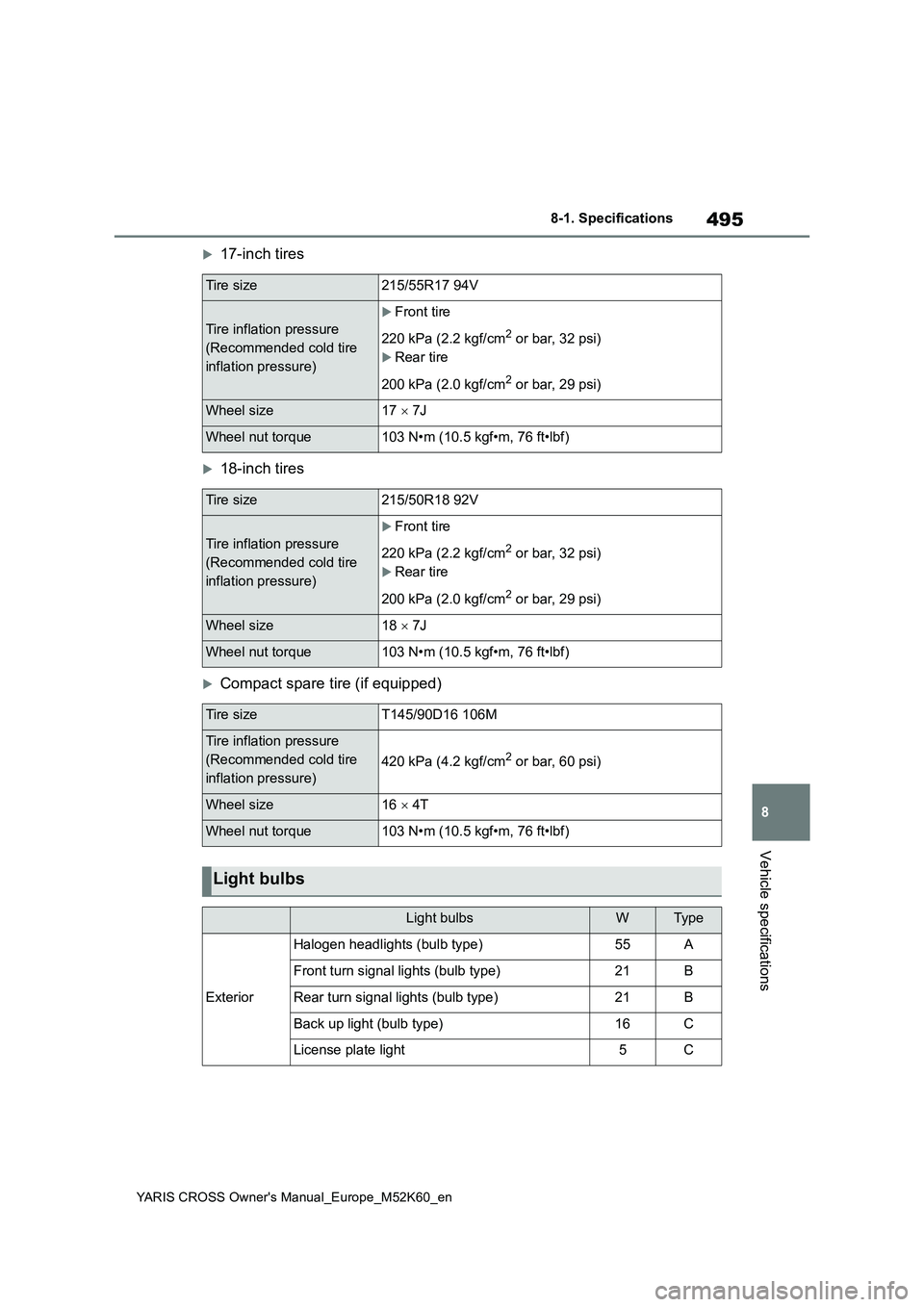 TOYOTA YARIS CROSS 2021  Owners Manual 495
8
YARIS CROSS Owner's Manual_Europe_M52K60_en
8-1. Specifications
Vehicle specifications
17-inch tires
18-inch tires
Compact spare tire (if equipped)
Tire size215/55R17 94V
Tire infla