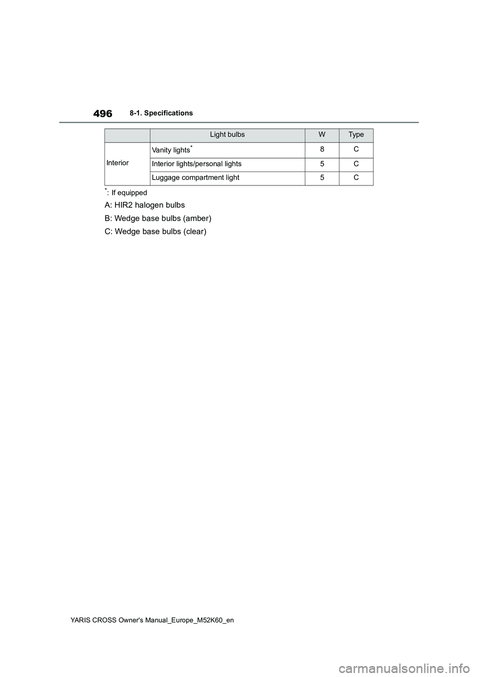 TOYOTA YARIS CROSS 2021 Owners Manual 496
YARIS CROSS Owner's Manual_Europe_M52K60_en
8-1. Specifications
*: If equipped
A: HIR2 halogen bulbs
B: Wedge base bulbs (amber)
C: Wedge base bulbs (clear)
Interior
Vanity lights*8C
Interio TOYOTA YARIS CROSS 2021 Owners Manual 496
YARIS CROSS Owner's Manual_Europe_M52K60_en
8-1. Specifications
*: If equipped
A: HIR2 halogen bulbs
B: Wedge base bulbs (amber)
C: Wedge base bulbs (clear)
Interior
Vanity lights*8C
Interio
