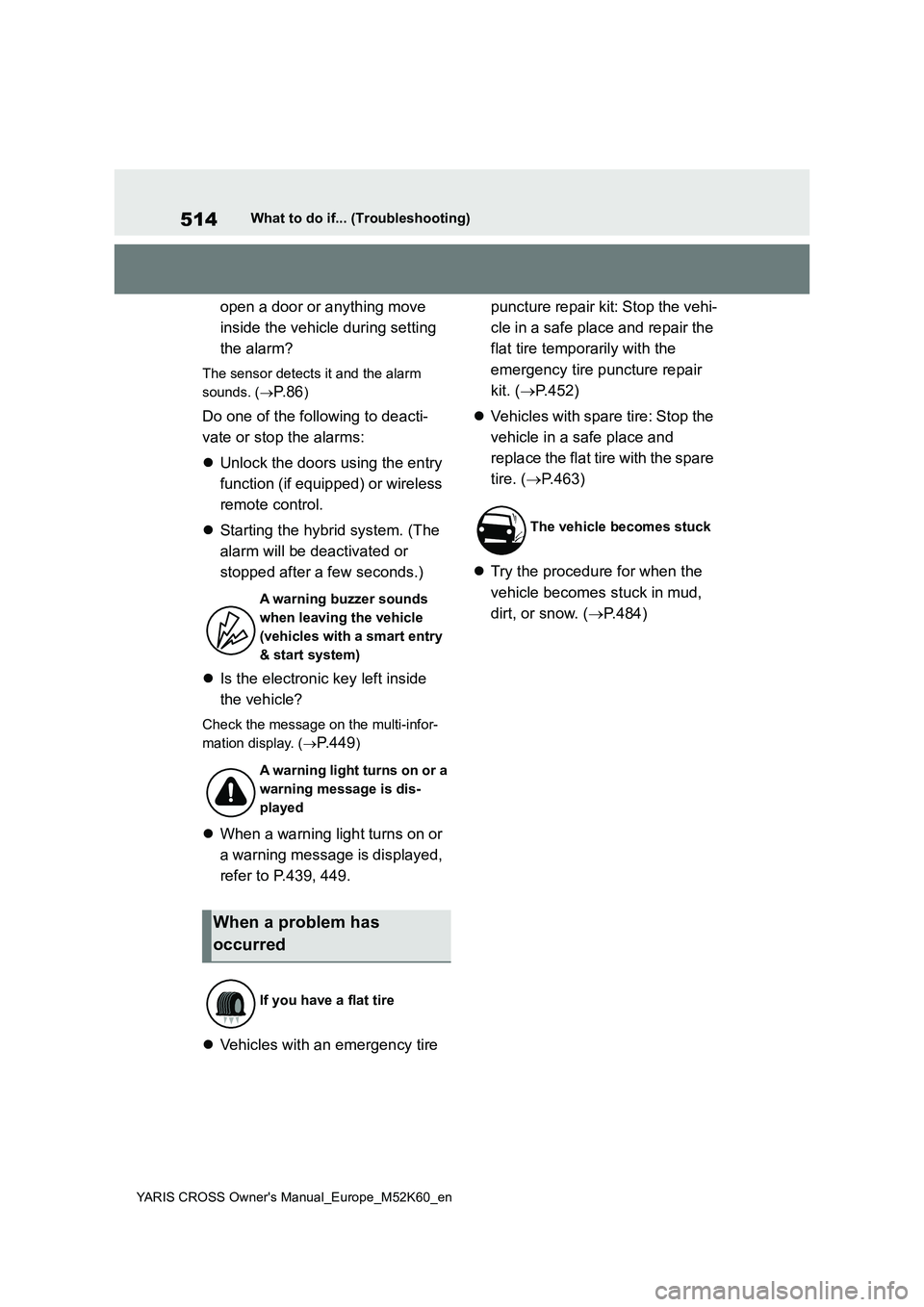 TOYOTA YARIS CROSS 2021 Manual PDF 514
YARIS CROSS Owner's Manual_Europe_M52K60_en
What to do if... (Troubleshooting)
open a door or anything move
inside the vehicle during setting
the alarm?
The sensor detects it and the alarm TOYOTA YARIS CROSS 2021 Manual PDF 514
YARIS CROSS Owner's Manual_Europe_M52K60_en
What to do if... (Troubleshooting)
open a door or anything move
inside the vehicle during setting
the alarm?
The sensor detects it and the alarm