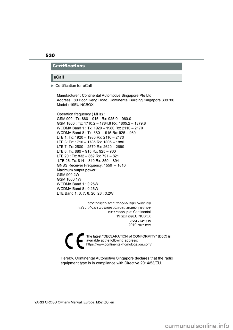 TOYOTA YARIS CROSS 2021 Owners Manual 530
YARIS CROSS Owner's Manual_Europe_M52K60_en
Certification for eCall
Cer tifications
eCall TOYOTA YARIS CROSS 2021 Owners Manual 530
YARIS CROSS Owner's Manual_Europe_M52K60_en
Certification for eCall
Cer tifications
eCall