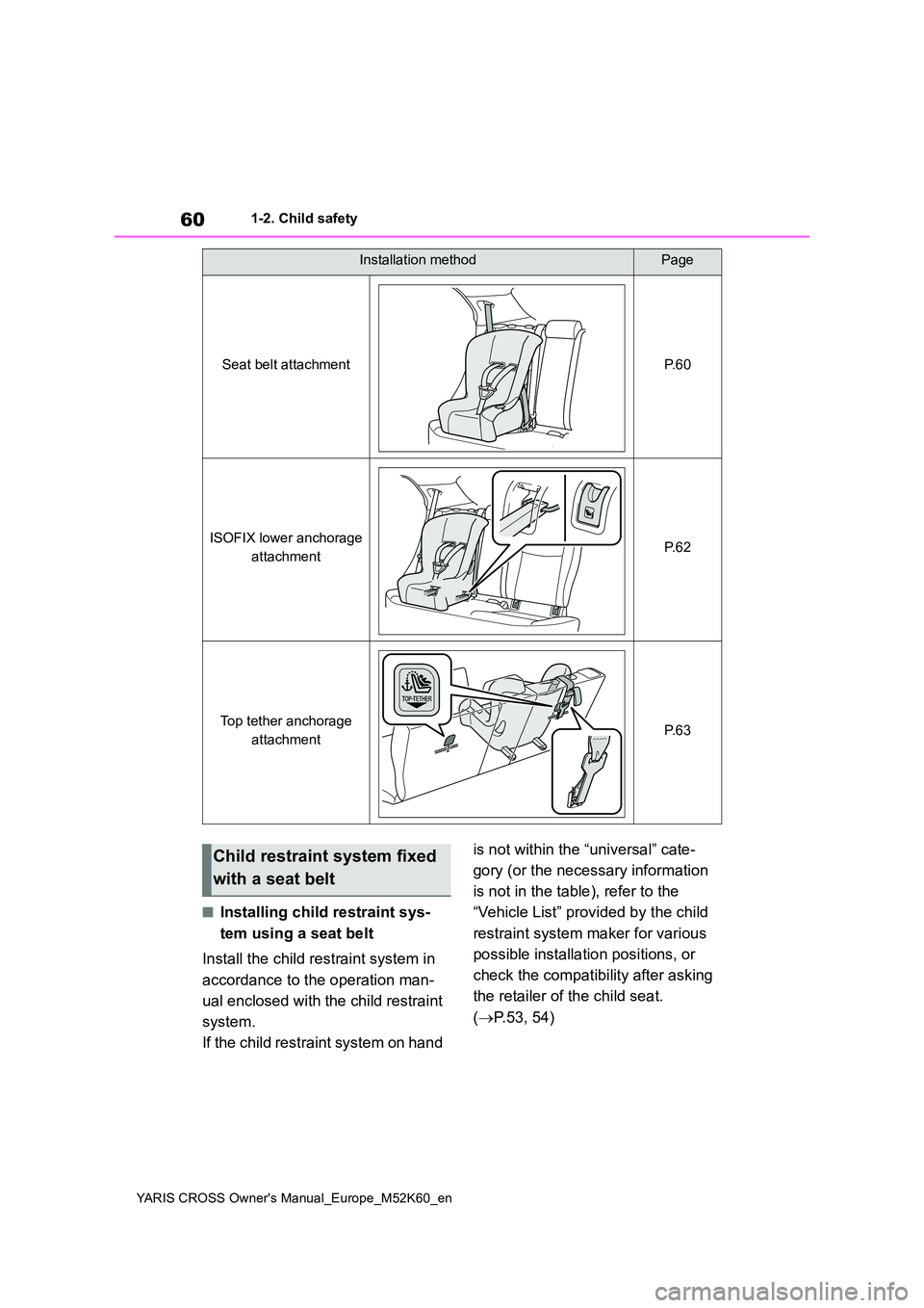 TOYOTA YARIS CROSS 2021 Repair Manual 60
YARIS CROSS Owner's Manual_Europe_M52K60_en
1-2. Child safety
■Installing child restraint sys-
tem using a seat belt
Install the child restraint system in
accordance to the operation man- TOYOTA YARIS CROSS 2021 Repair Manual 60
YARIS CROSS Owner's Manual_Europe_M52K60_en
1-2. Child safety
■Installing child restraint sys-
tem using a seat belt
Install the child restraint system in
accordance to the operation man-