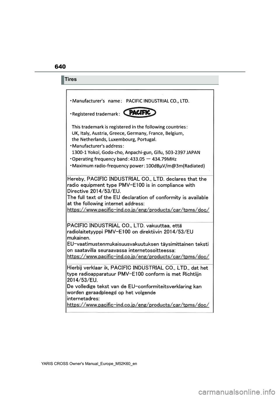 TOYOTA YARIS CROSS 2021 Owners Manual 640
YARIS CROSS Owner's Manual_Europe_M52K60_en
Tires TOYOTA YARIS CROSS 2021 Owners Manual 640
YARIS CROSS Owner's Manual_Europe_M52K60_en
Tires