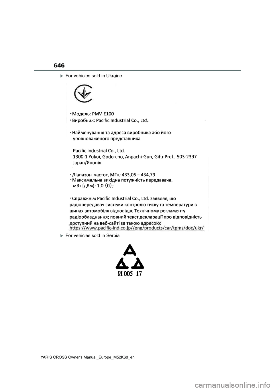 TOYOTA YARIS CROSS 2021 Owners Manual 646
YARIS CROSS Owner's Manual_Europe_M52K60_en
For vehicles sold in Ukraine
For vehicles sold in Serbia TOYOTA YARIS CROSS 2021 Owners Manual 646
YARIS CROSS Owner's Manual_Europe_M52K60_en
For vehicles sold in Ukraine
For vehicles sold in Serbia