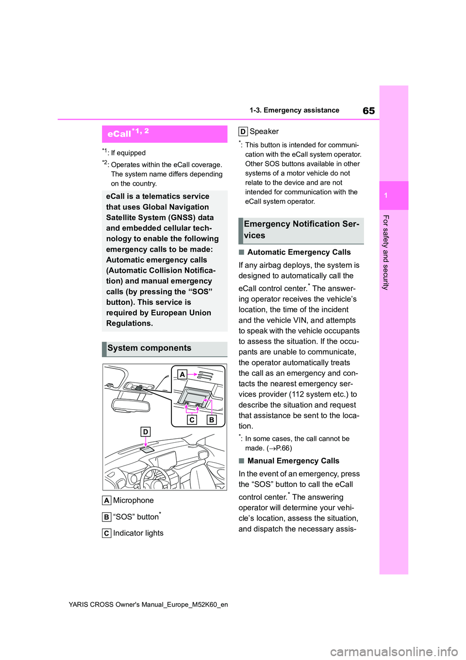 TOYOTA YARIS CROSS 2021  Owners Manual 65
1
YARIS CROSS Owner's Manual_Europe_M52K60_en
1-3. Emergency assistance
For safety and security
1-3.Emerg ency  as sista nce
*1: If equipped
*2: Operates within the eCall coverage.  
The system