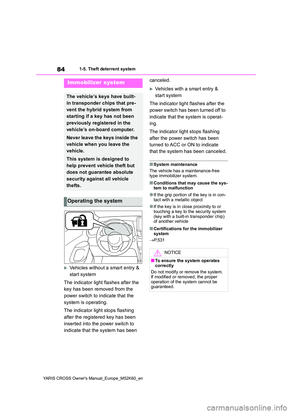 TOYOTA YARIS CROSS 2021  Owners Manual 84
YARIS CROSS Owner's Manual_Europe_M52K60_en
1-5. Theft deterrent system
1-5.Theft de terre nt sys te m
Vehicles without a smart entry &  
start system 
The indicator light flashes after the 