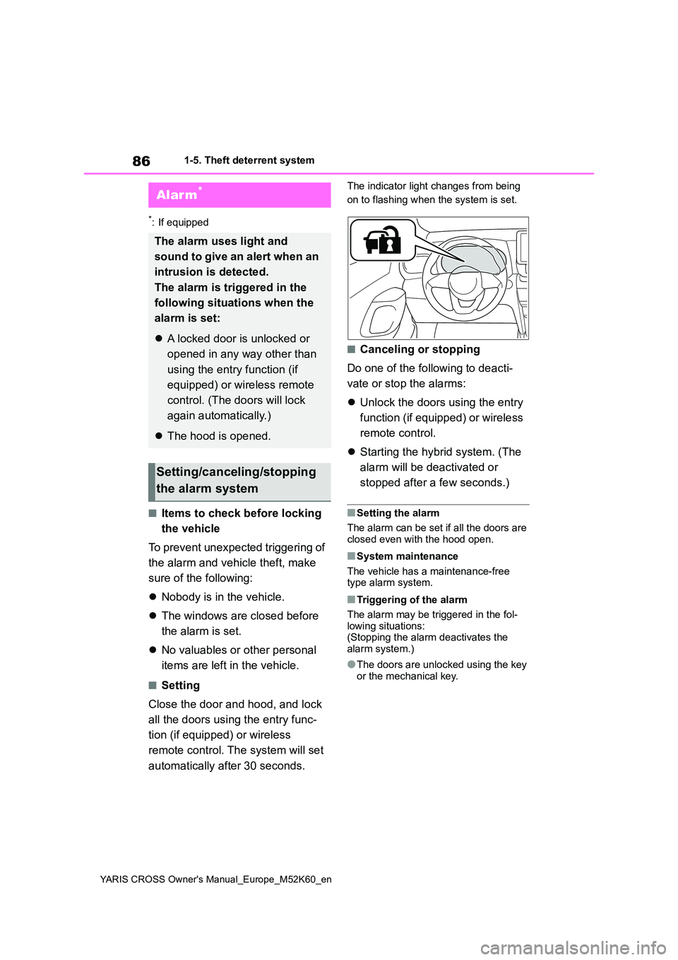 TOYOTA YARIS CROSS 2021 Owners Manual 86
YARIS CROSS Owner's Manual_Europe_M52K60_en
1-5. Theft deterrent system
*: If equipped
■Items to check before locking
the vehicle
To prevent unexpected triggering of
the alarm and vehicl TOYOTA YARIS CROSS 2021 Owners Manual 86
YARIS CROSS Owner's Manual_Europe_M52K60_en
1-5. Theft deterrent system
*: If equipped
■Items to check before locking
the vehicle
To prevent unexpected triggering of
the alarm and vehicl