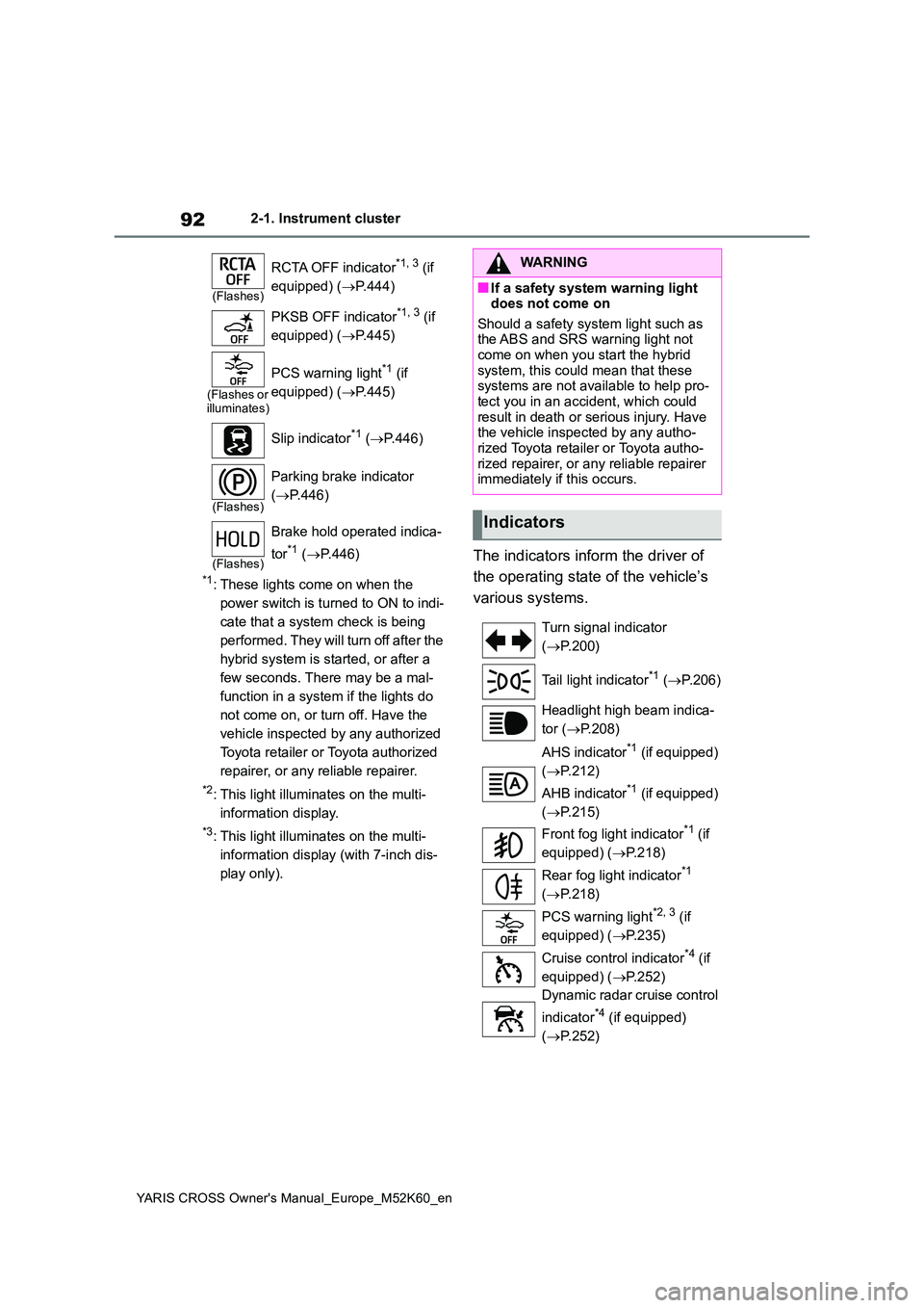 TOYOTA YARIS CROSS 2021  Owners Manual 92
YARIS CROSS Owner's Manual_Europe_M52K60_en
2-1. Instrument cluster
*1: These lights come on when the  
power switch is turned to ON to indi-
cate that a system check is being 
performed. They 