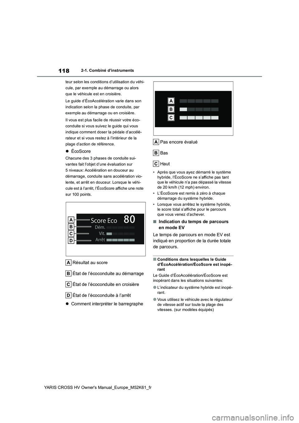 TOYOTA YARIS CROSS 2021 Notices Demploi (in French) 118
YARIS CROSS HV Owner's Manual_Europe_M52K61_fr
2-1. Combiné d’instruments
teur selon les conditions d’utilisation du véhi-
cule, par exemple au démarrage ou alors
que le véhicule es TOYOTA YARIS CROSS 2021 Notices Demploi (in French) 118
YARIS CROSS HV Owner's Manual_Europe_M52K61_fr
2-1. Combiné d’instruments
teur selon les conditions d’utilisation du véhi-
cule, par exemple au démarrage ou alors
que le véhicule es