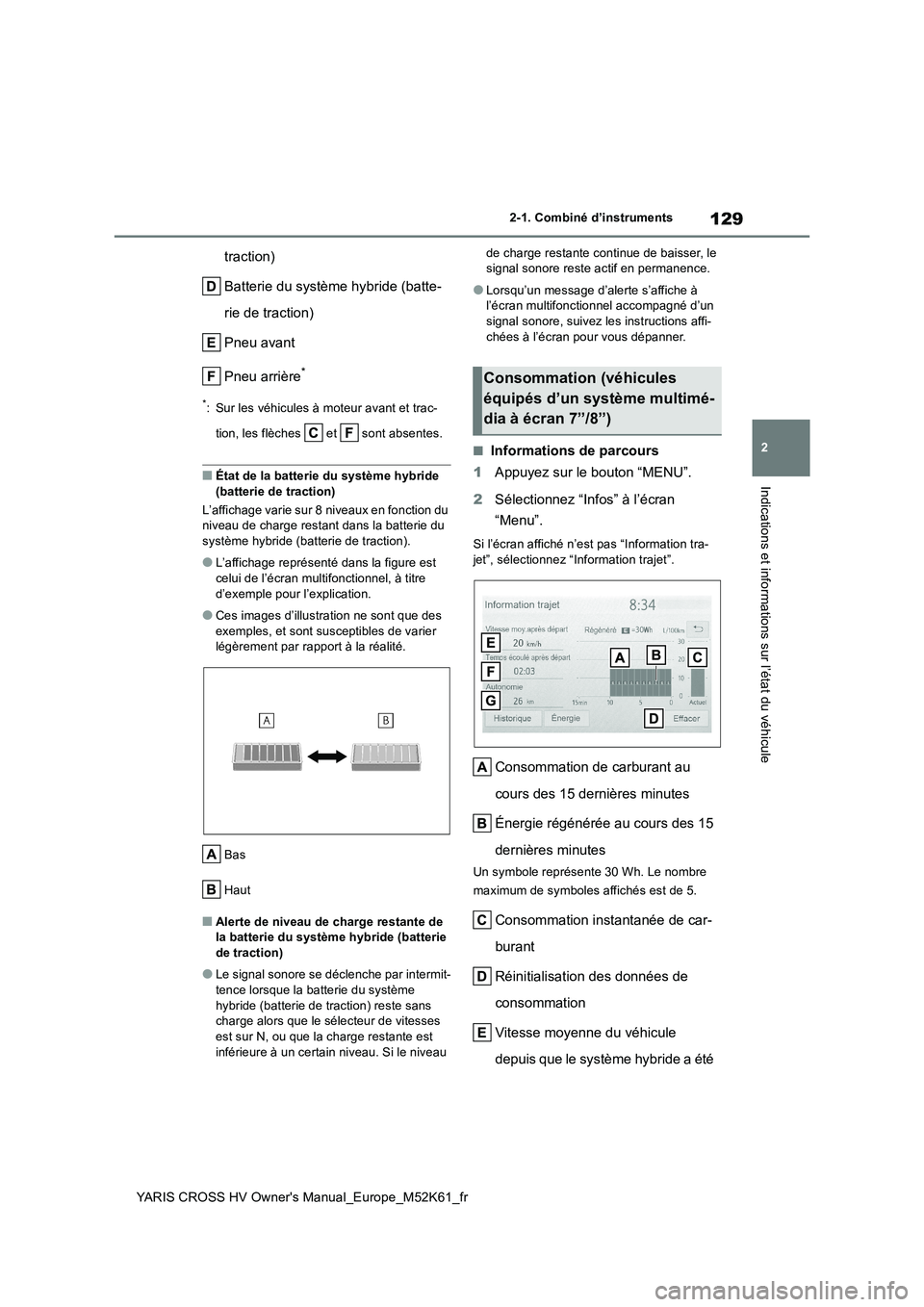 TOYOTA YARIS CROSS 2021 Notices Demploi (in French) 129
2
YARIS CROSS HV Owner's Manual_Europe_M52K61_fr
2-1. Combiné d’instruments
Indications et informations sur l’état du véhicule
traction)
Batterie du système hybride (batte-
rie de tr TOYOTA YARIS CROSS 2021 Notices Demploi (in French) 129
2
YARIS CROSS HV Owner's Manual_Europe_M52K61_fr
2-1. Combiné d’instruments
Indications et informations sur l’état du véhicule
traction)
Batterie du système hybride (batte-
rie de tr