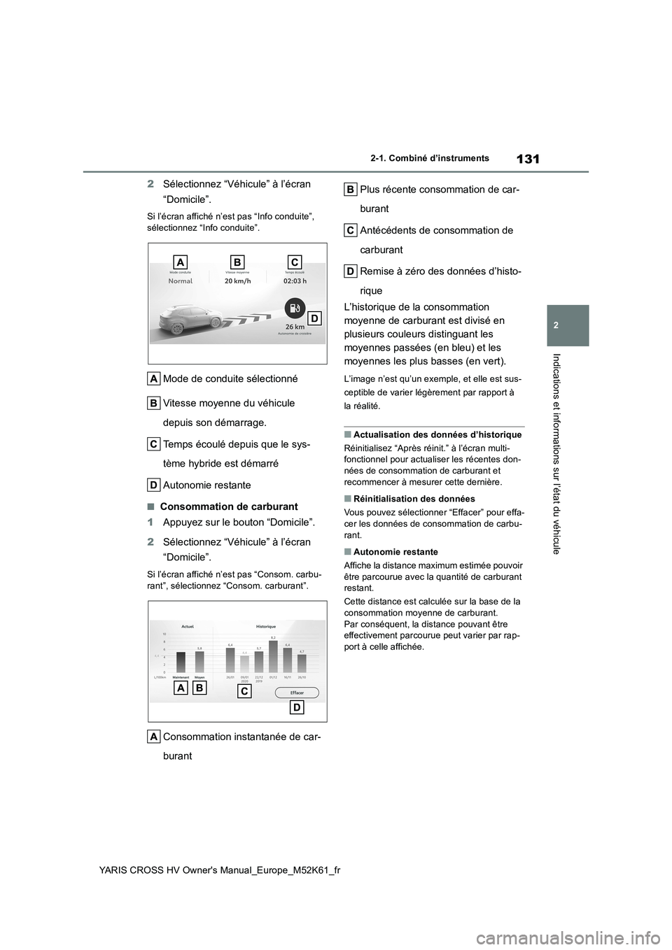 TOYOTA YARIS CROSS 2021 Notices Demploi (in French) 131
2
YARIS CROSS HV Owner's Manual_Europe_M52K61_fr
2-1. Combiné d’instruments
Indications et informations sur l’état du véhicule
2Sélectionnez “Véhicule” à l’écran
“Domicile TOYOTA YARIS CROSS 2021 Notices Demploi (in French) 131
2
YARIS CROSS HV Owner's Manual_Europe_M52K61_fr
2-1. Combiné d’instruments
Indications et informations sur l’état du véhicule
2Sélectionnez “Véhicule” à l’écran
“Domicile