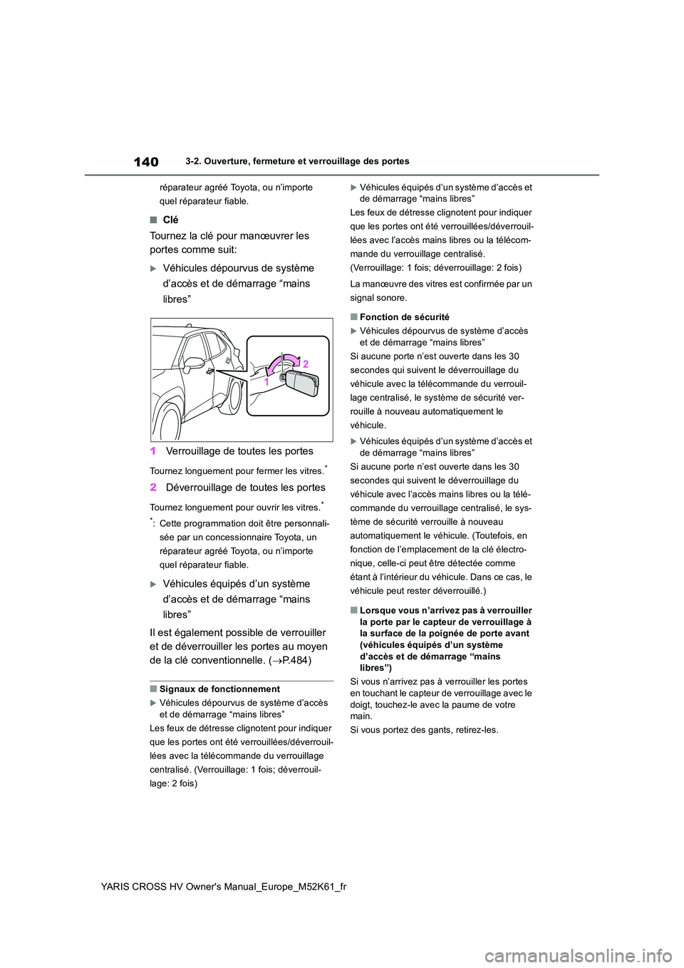 TOYOTA YARIS CROSS 2021  Notices Demploi (in French) 140
YARIS CROSS HV Owner's Manual_Europe_M52K61_fr
3-2. Ouverture, fermeture et verrouillage des portes 
réparateur agréé Toyota, ou n’importe  
quel réparateur fiable.
■Clé 
Tournez la c