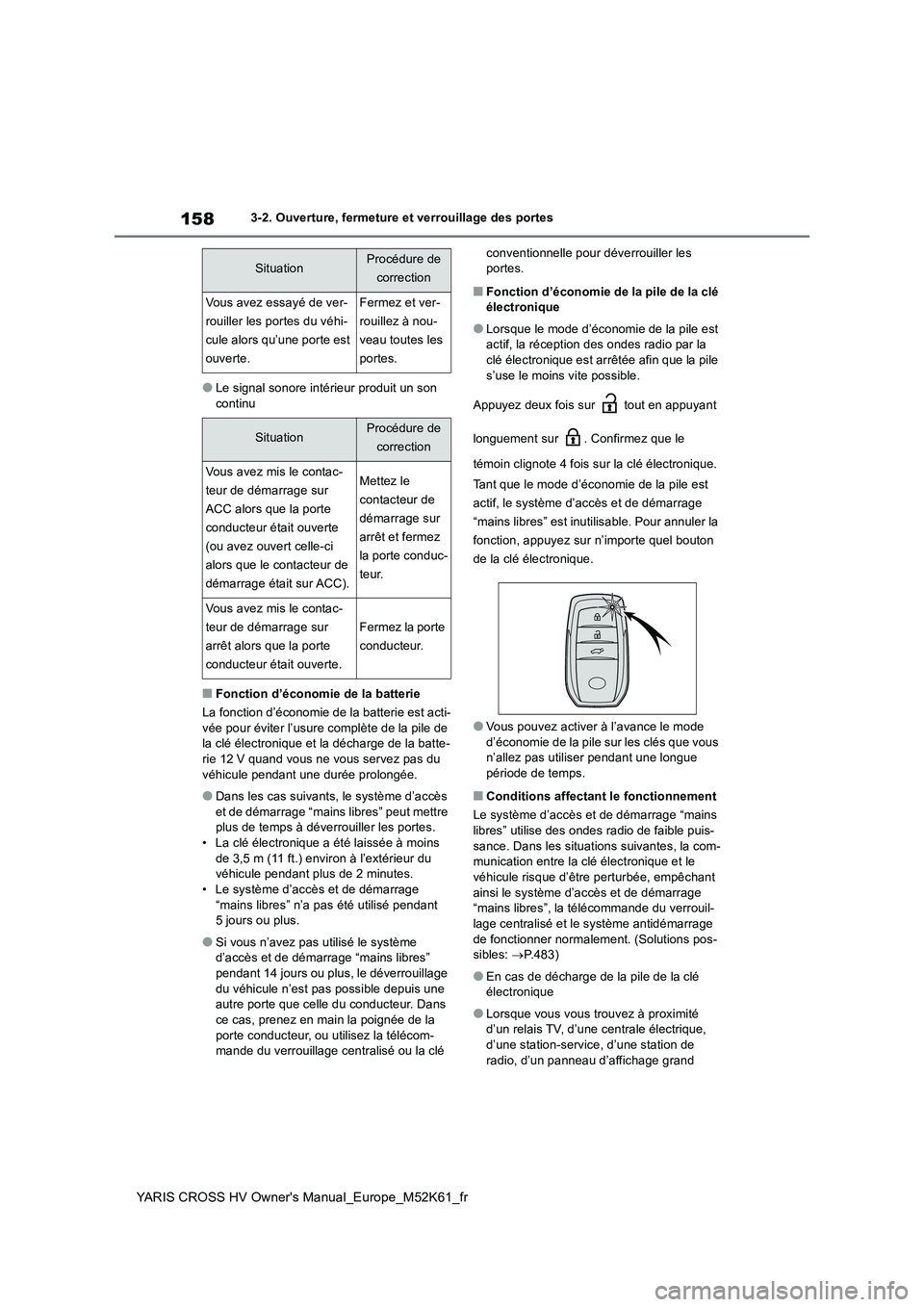 TOYOTA YARIS CROSS 2021 Notices Demploi (in French) 158
YARIS CROSS HV Owner's Manual_Europe_M52K61_fr
3-2. Ouverture, fermeture et verrouillage des portes
●Le signal sonore intérieur produit un son continu
■Fonction d’économie de la batte TOYOTA YARIS CROSS 2021 Notices Demploi (in French) 158
YARIS CROSS HV Owner's Manual_Europe_M52K61_fr
3-2. Ouverture, fermeture et verrouillage des portes
●Le signal sonore intérieur produit un son continu
■Fonction d’économie de la batte