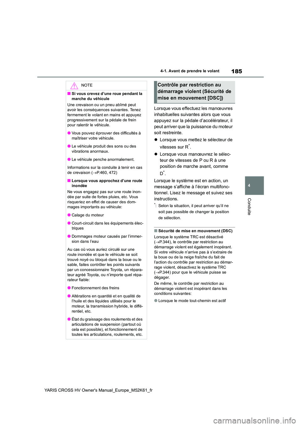 TOYOTA YARIS CROSS 2021  Notices Demploi (in French) 185
4
YARIS CROSS HV Owner's Manual_Europe_M52K61_fr
4-1. Avant de prendre le volant
Conduite
Lorsque vous effectuez les manœuvres  
inhabituelles suivantes alors que vous 
appuyez sur la pédale