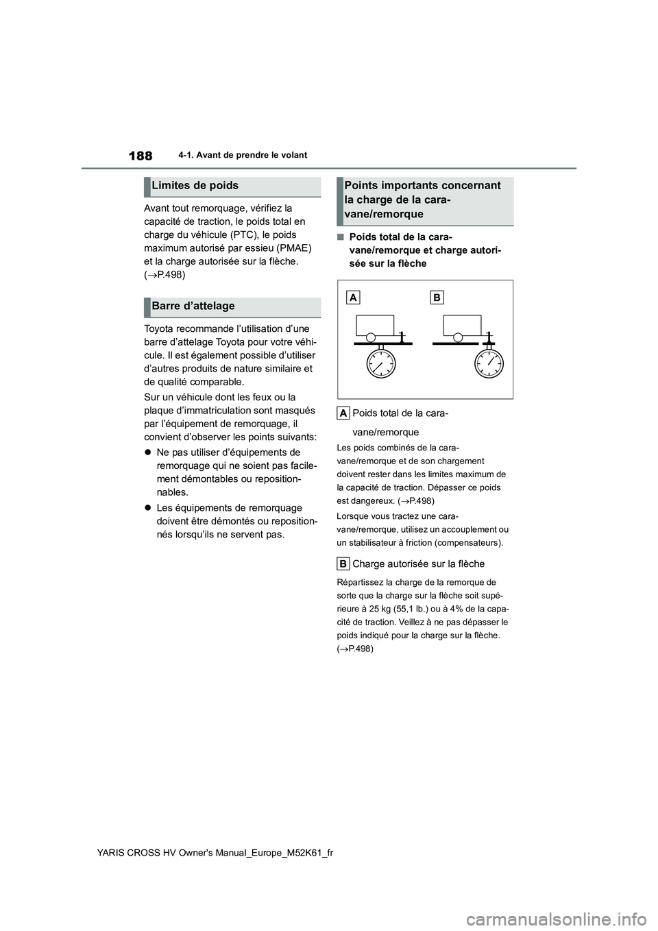 TOYOTA YARIS CROSS 2021  Notices Demploi (in French) 188
YARIS CROSS HV Owner's Manual_Europe_M52K61_fr
4-1. Avant de prendre le volant
Avant tout remorquage, vérifiez la  
capacité de traction, le poids total en 
charge du véhicule (PTC), le poi