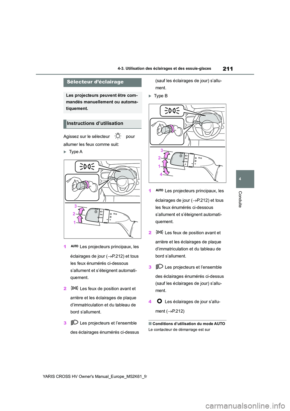 TOYOTA YARIS CROSS 2021 Notices Demploi (in French) 211
4
YARIS CROSS HV Owner's Manual_Europe_M52K61_fr
4-3. Utilisation des éclairages et des essuie-glaces
Conduite
4-3.Utilisation des éclairages et des essuie-glaces
Agissez sur le sélecteur TOYOTA YARIS CROSS 2021 Notices Demploi (in French) 211
4
YARIS CROSS HV Owner's Manual_Europe_M52K61_fr
4-3. Utilisation des éclairages et des essuie-glaces
Conduite
4-3.Utilisation des éclairages et des essuie-glaces
Agissez sur le sélecteur