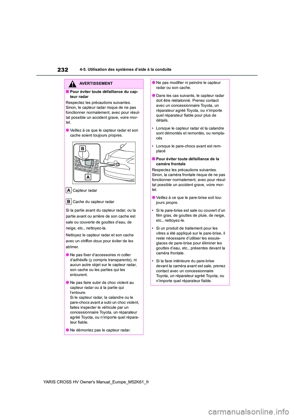 TOYOTA YARIS CROSS 2021  Notices Demploi (in French) 232
YARIS CROSS HV Owner's Manual_Europe_M52K61_fr
4-5. Utilisation des systèmes d’aide à la conduite
AVERTISSEMENT
■Pour éviter toute défaillance du cap- 
teur radar 
Respectez les préca