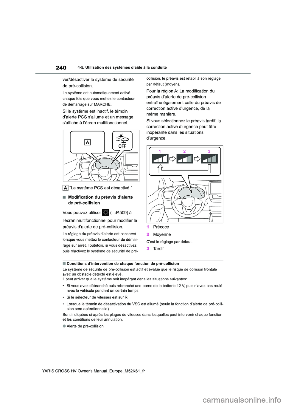TOYOTA YARIS CROSS 2021  Notices Demploi (in French) 240
YARIS CROSS HV Owner's Manual_Europe_M52K61_fr
4-5. Utilisation des systèmes d’aide à la conduite
ver/désactiver le système de sécurité  
de pré-collision.
Le système est automatique