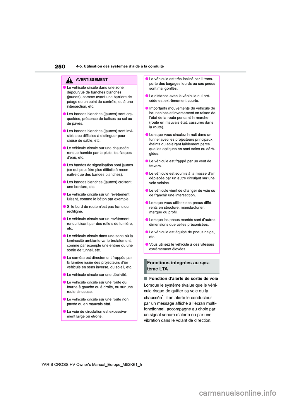 TOYOTA YARIS CROSS 2021 Notices Demploi (in French) 250
YARIS CROSS HV Owner's Manual_Europe_M52K61_fr
4-5. Utilisation des systèmes d’aide à la conduite
■Fonction d’alerte de sortie de voie
Lorsque le système évalue que le véhi-
cule TOYOTA YARIS CROSS 2021 Notices Demploi (in French) 250
YARIS CROSS HV Owner's Manual_Europe_M52K61_fr
4-5. Utilisation des systèmes d’aide à la conduite
■Fonction d’alerte de sortie de voie
Lorsque le système évalue que le véhi-
cule