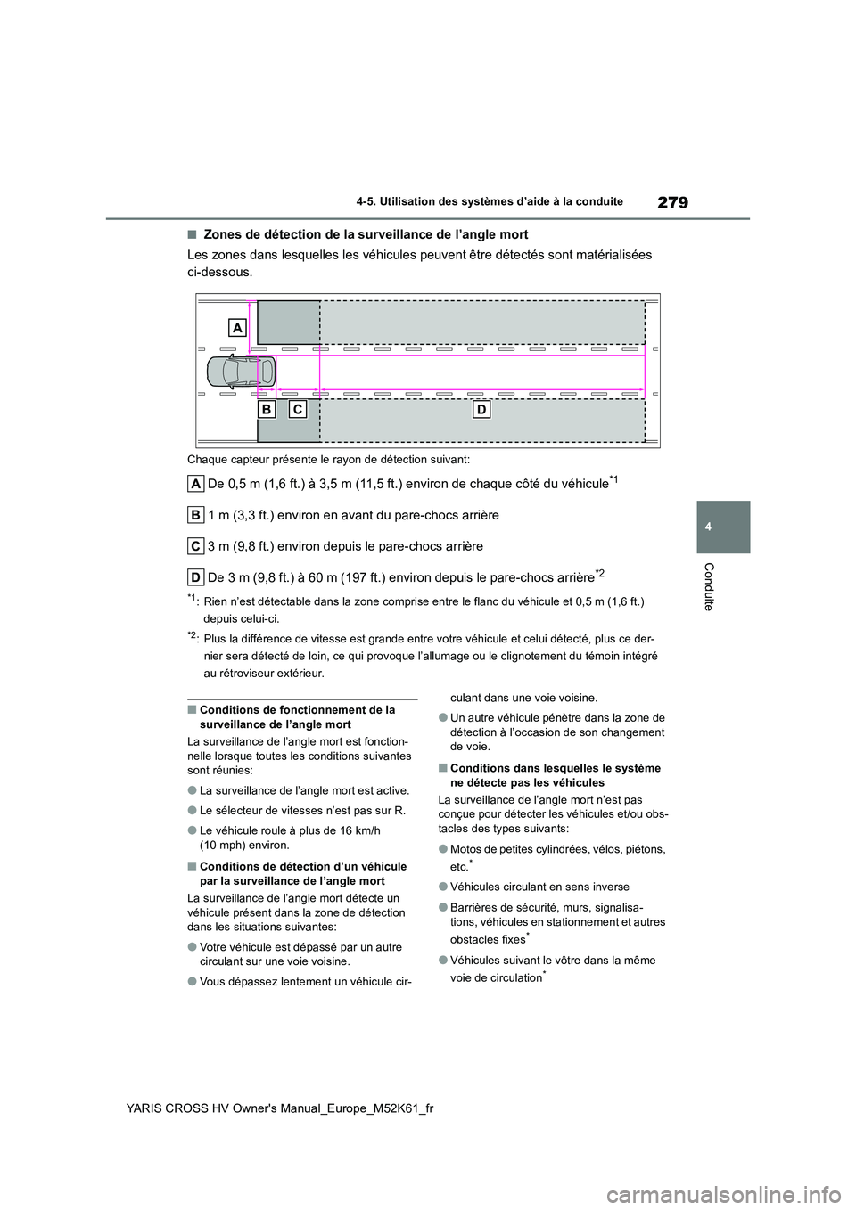 TOYOTA YARIS CROSS 2021 Notices Demploi (in French) 279
4
YARIS CROSS HV Owner's Manual_Europe_M52K61_fr
4-5. Utilisation des systèmes d’aide à la conduite
Conduite
■Zones de détection de la surveillance de l’angle mort
Les zones dans les TOYOTA YARIS CROSS 2021 Notices Demploi (in French) 279
4
YARIS CROSS HV Owner's Manual_Europe_M52K61_fr
4-5. Utilisation des systèmes d’aide à la conduite
Conduite
■Zones de détection de la surveillance de l’angle mort
Les zones dans les