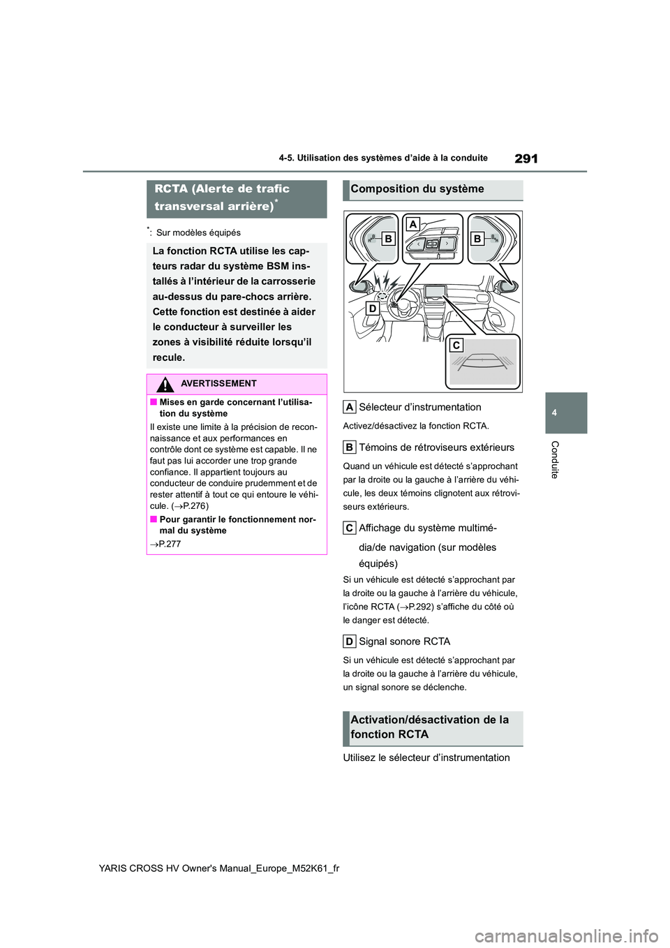 TOYOTA YARIS CROSS 2021 Notices Demploi (in French) 291
4
YARIS CROSS HV Owner's Manual_Europe_M52K61_fr
4-5. Utilisation des systèmes d’aide à la conduite
Conduite
*: Sur modèles équipés
Sélecteur d’instrumentation
Activez/désactivez la TOYOTA YARIS CROSS 2021 Notices Demploi (in French) 291
4
YARIS CROSS HV Owner's Manual_Europe_M52K61_fr
4-5. Utilisation des systèmes d’aide à la conduite
Conduite
*: Sur modèles équipés
Sélecteur d’instrumentation
Activez/désactivez la