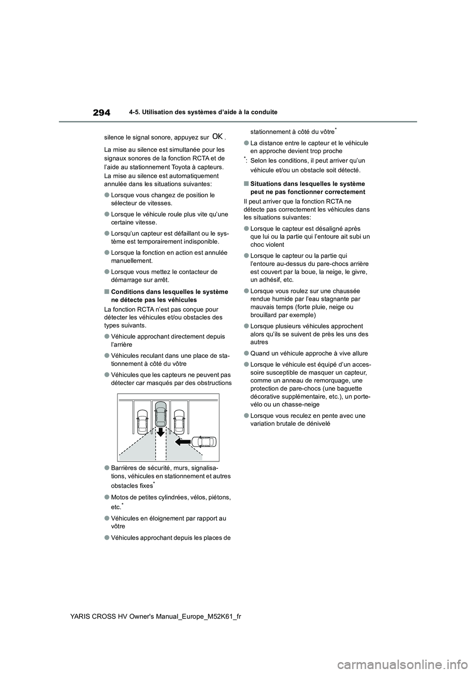TOYOTA YARIS CROSS 2021 Notices Demploi (in French) 294
YARIS CROSS HV Owner's Manual_Europe_M52K61_fr
4-5. Utilisation des systèmes d’aide à la conduite
silence le signal sonore, appuyez sur .
La mise au silence est simultanée pour les
TOYOTA YARIS CROSS 2021 Notices Demploi (in French) 294
YARIS CROSS HV Owner's Manual_Europe_M52K61_fr
4-5. Utilisation des systèmes d’aide à la conduite
silence le signal sonore, appuyez sur .
La mise au silence est simultanée pour les