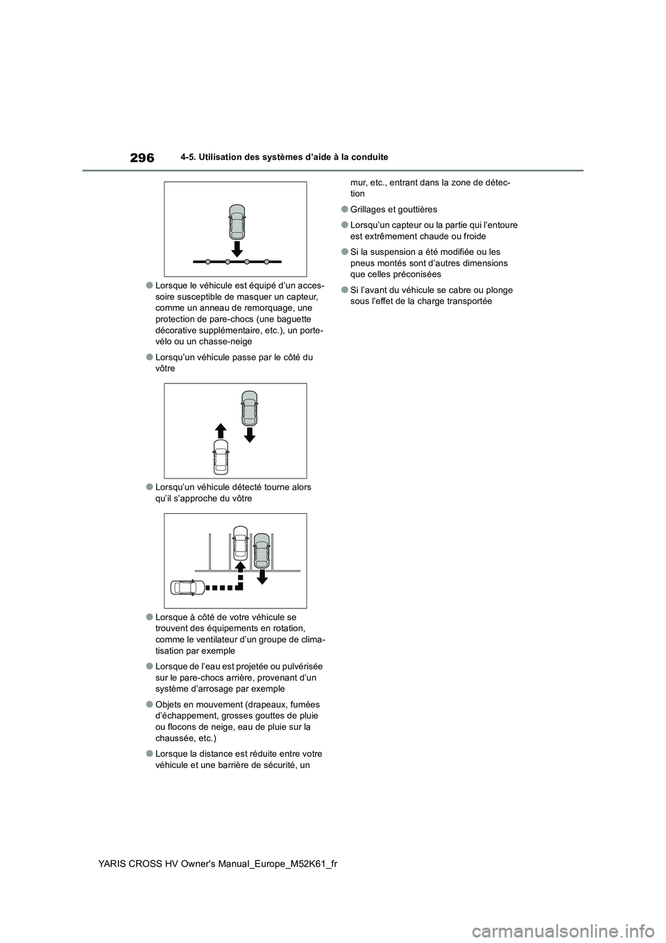 TOYOTA YARIS CROSS 2021 Notices Demploi (in French) 296
YARIS CROSS HV Owner's Manual_Europe_M52K61_fr
4-5. Utilisation des systèmes d’aide à la conduite
●Lorsque le véhicule est équipé d’un acces- soire susceptible de masquer un capteur TOYOTA YARIS CROSS 2021 Notices Demploi (in French) 296
YARIS CROSS HV Owner's Manual_Europe_M52K61_fr
4-5. Utilisation des systèmes d’aide à la conduite
●Lorsque le véhicule est équipé d’un acces- soire susceptible de masquer un capteur