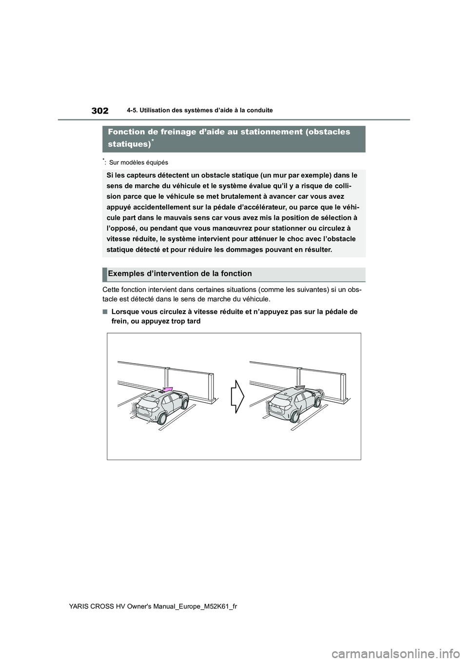 TOYOTA YARIS CROSS 2021 Notices Demploi (in French) 302
YARIS CROSS HV Owner's Manual_Europe_M52K61_fr
4-5. Utilisation des systèmes d’aide à la conduite
*: Sur modèles équipés
Cette fonction intervient dans certaines situations (comme les s TOYOTA YARIS CROSS 2021 Notices Demploi (in French) 302
YARIS CROSS HV Owner's Manual_Europe_M52K61_fr
4-5. Utilisation des systèmes d’aide à la conduite
*: Sur modèles équipés
Cette fonction intervient dans certaines situations (comme les s
