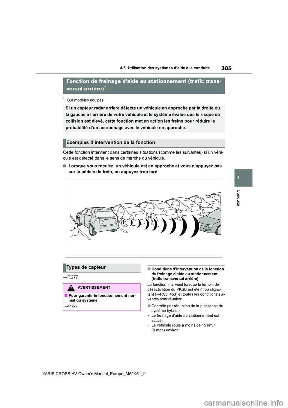 TOYOTA YARIS CROSS 2021 Notices Demploi (in French) 305
4
YARIS CROSS HV Owner's Manual_Europe_M52K61_fr
4-5. Utilisation des systèmes d’aide à la conduite
Conduite
*: Sur modèles équipés
Cette fonction intervient dans certaines situations ( TOYOTA YARIS CROSS 2021 Notices Demploi (in French) 305
4
YARIS CROSS HV Owner's Manual_Europe_M52K61_fr
4-5. Utilisation des systèmes d’aide à la conduite
Conduite
*: Sur modèles équipés
Cette fonction intervient dans certaines situations (