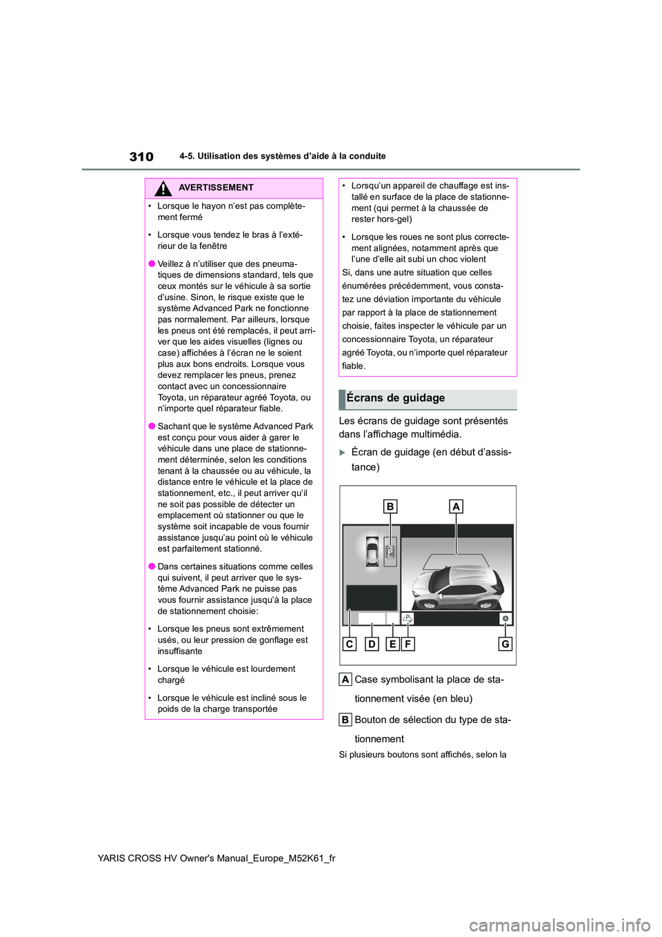 TOYOTA YARIS CROSS 2021  Notices Demploi (in French) 310
YARIS CROSS HV Owner's Manual_Europe_M52K61_fr
4-5. Utilisation des systèmes d’aide à la conduite
Les écrans de guidage sont présentés  
dans l’affichage multimédia.
Écran de gui