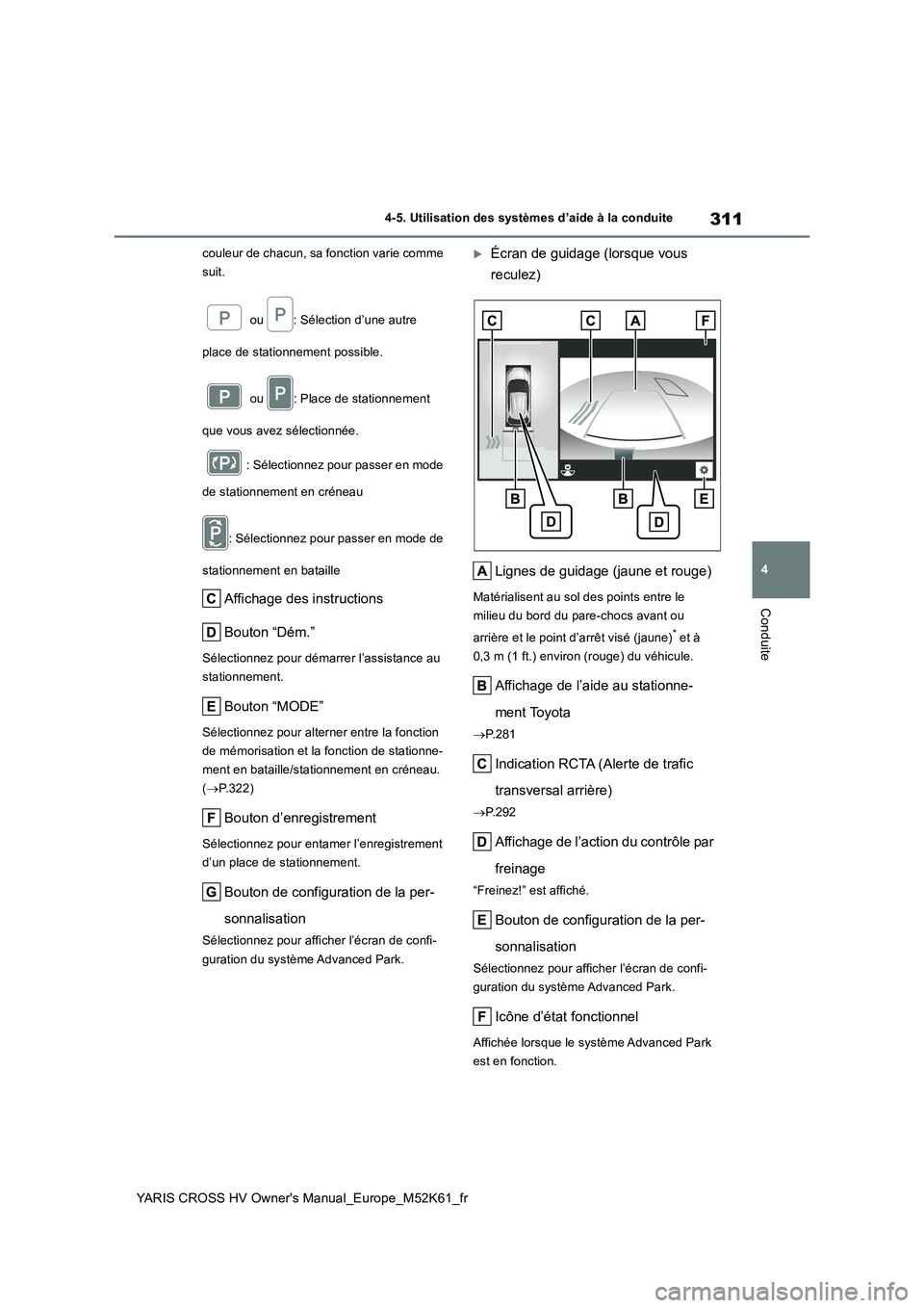 TOYOTA YARIS CROSS 2021  Notices Demploi (in French) 311
4
YARIS CROSS HV Owner's Manual_Europe_M52K61_fr
4-5. Utilisation des systèmes d’aide à la conduite
Conduite
couleur de chacun, sa fonction varie comme  
suit. 
 ou  : Sélection d’une a