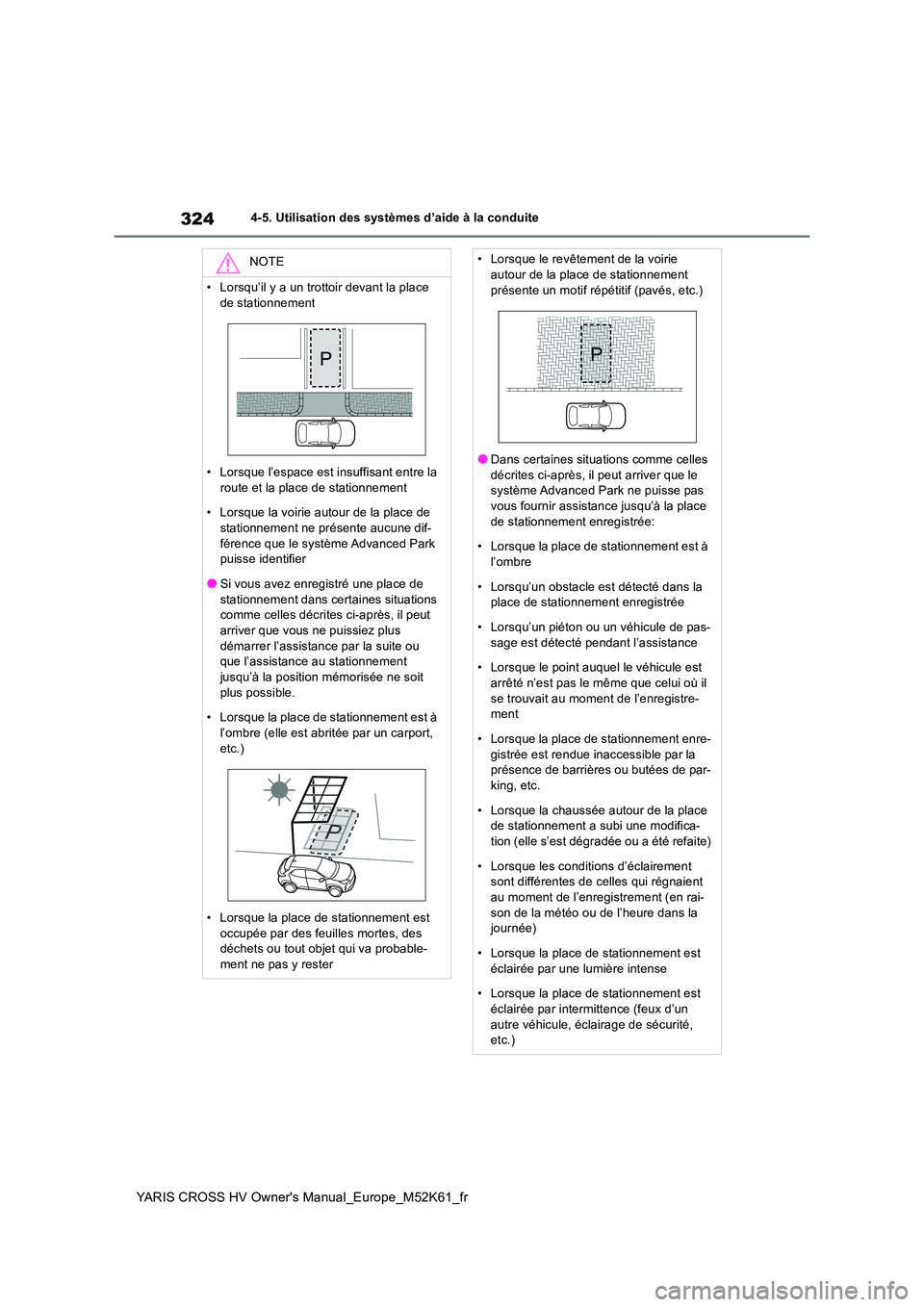 TOYOTA YARIS CROSS 2021  Notices Demploi (in French) 324
YARIS CROSS HV Owner's Manual_Europe_M52K61_fr
4-5. Utilisation des systèmes d’aide à la conduite
NOTE
• Lorsqu’il y a un trottoir devant la place  
de stationnement 
• Lorsque l’e
