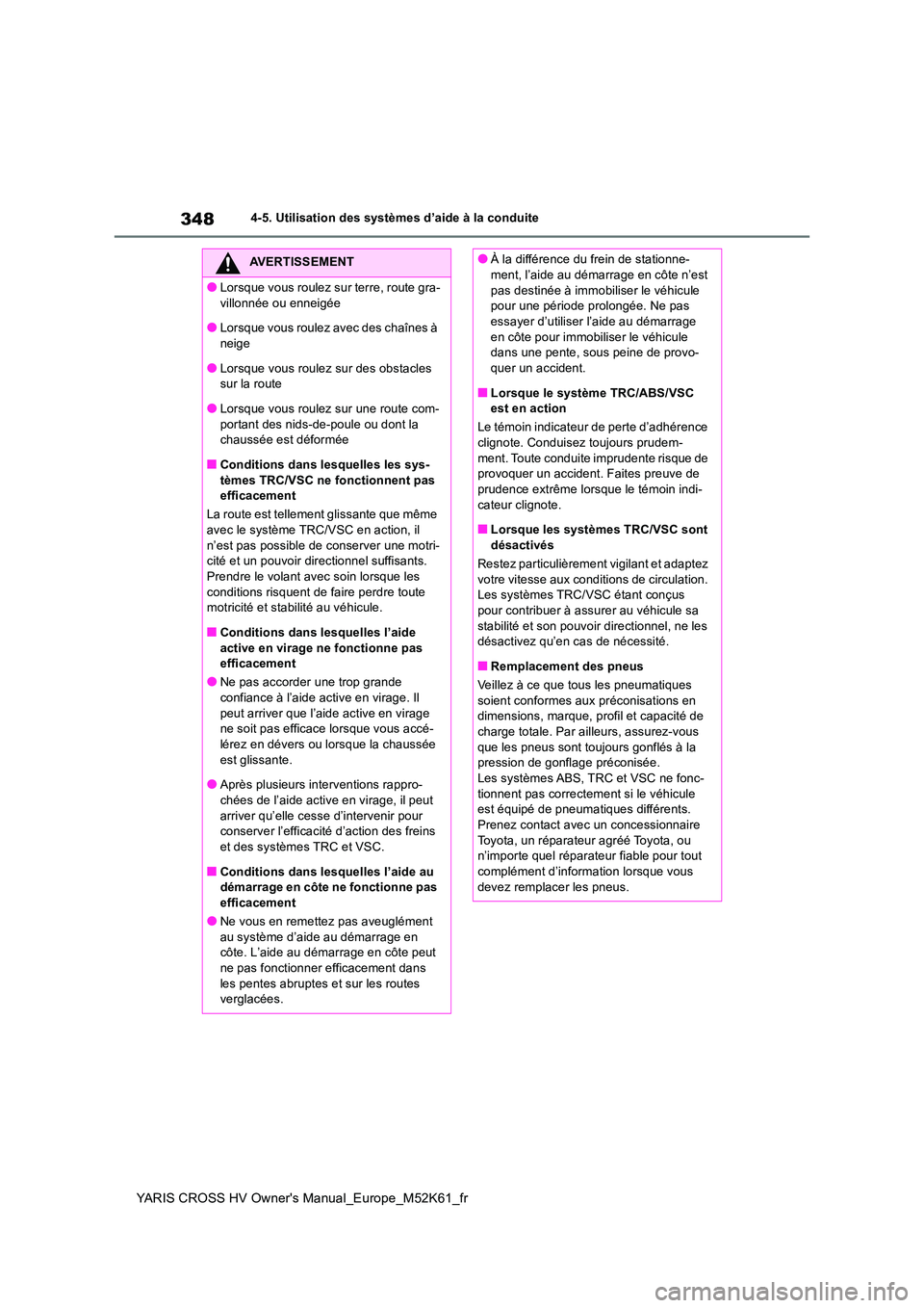 TOYOTA YARIS CROSS 2021 Notices Demploi (in French) 348
YARIS CROSS HV Owner's Manual_Europe_M52K61_fr
4-5. Utilisation des systèmes d’aide à la conduite
AVERTISSEMENT
●Lorsque vous roulez sur terre, route gra-
villonnée ou enneigée
●Lor TOYOTA YARIS CROSS 2021 Notices Demploi (in French) 348
YARIS CROSS HV Owner's Manual_Europe_M52K61_fr
4-5. Utilisation des systèmes d’aide à la conduite
AVERTISSEMENT
●Lorsque vous roulez sur terre, route gra-
villonnée ou enneigée
●Lor