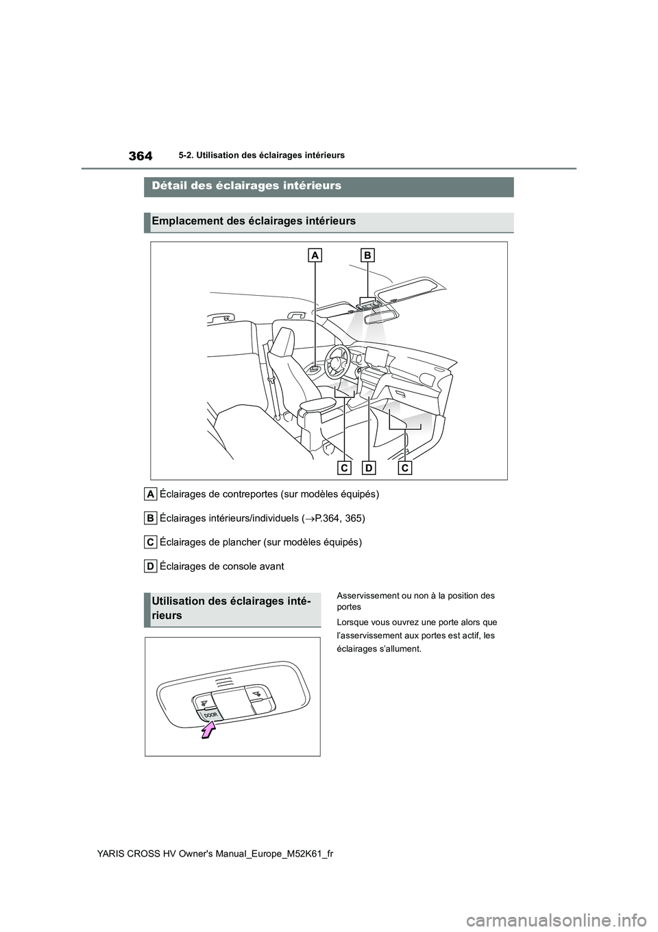 TOYOTA YARIS CROSS 2021 Notices Demploi (in French) 364
YARIS CROSS HV Owner's Manual_Europe_M52K61_fr
5-2. Utilisation des éclairages intérieurs
5-2.Utilisation des éclairages intérieurs
Éclairages de contreportes (sur modèles équipés)
É TOYOTA YARIS CROSS 2021 Notices Demploi (in French) 364
YARIS CROSS HV Owner's Manual_Europe_M52K61_fr
5-2. Utilisation des éclairages intérieurs
5-2.Utilisation des éclairages intérieurs
Éclairages de contreportes (sur modèles équipés)
É