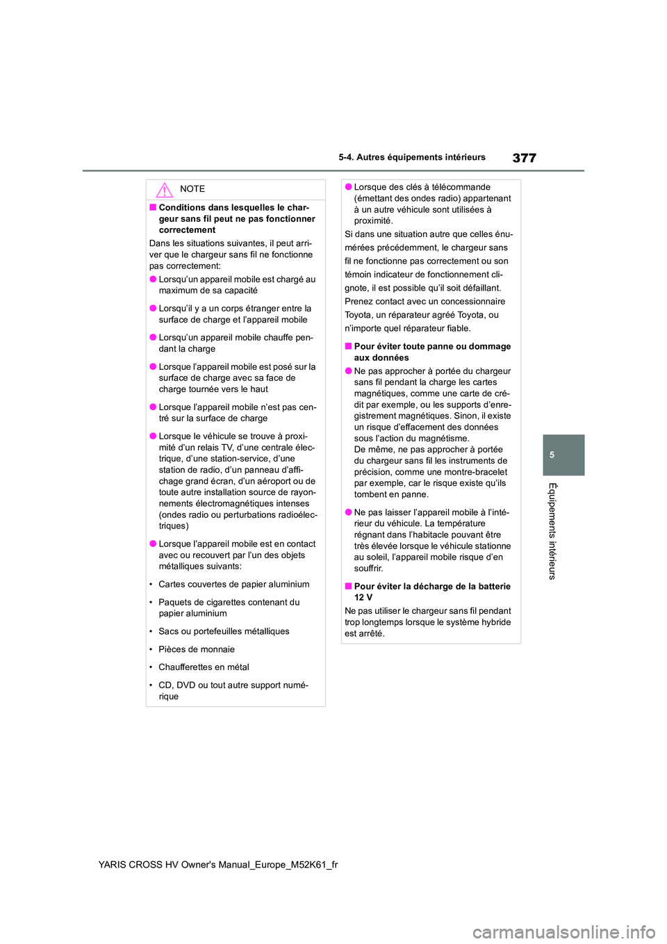 TOYOTA YARIS CROSS 2021 Notices Demploi (in French) 377
5
YARIS CROSS HV Owner's Manual_Europe_M52K61_fr
5-4. Autres équipements intérieurs
Équipements intérieurs
NOTE
■Conditions dans lesquelles le char-
geur sans fil peut ne pas fonctionne TOYOTA YARIS CROSS 2021 Notices Demploi (in French) 377
5
YARIS CROSS HV Owner's Manual_Europe_M52K61_fr
5-4. Autres équipements intérieurs
Équipements intérieurs
NOTE
■Conditions dans lesquelles le char-
geur sans fil peut ne pas fonctionne
