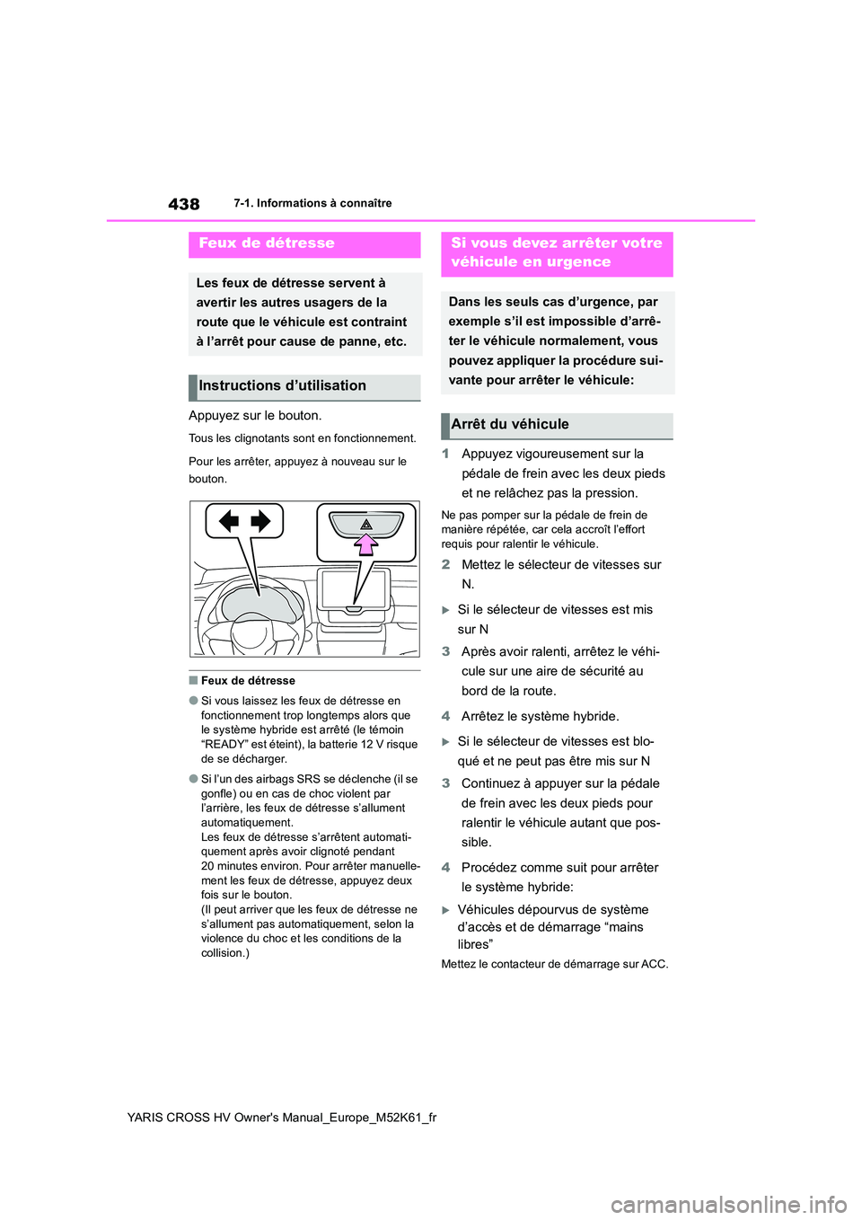 TOYOTA YARIS CROSS 2021 Notices Demploi (in French) 438
YARIS CROSS HV Owner's Manual_Europe_M52K61_fr
7-1. Informations à connaître
7- 1. In for m ati ons à co nnaî tr e
Appuyez sur le bouton.
Tous les clignotants sont en fonctionnement.
Po TOYOTA YARIS CROSS 2021 Notices Demploi (in French) 438
YARIS CROSS HV Owner's Manual_Europe_M52K61_fr
7-1. Informations à connaître
7- 1. In for m ati ons à co nnaî tr e
Appuyez sur le bouton.
Tous les clignotants sont en fonctionnement.
Po