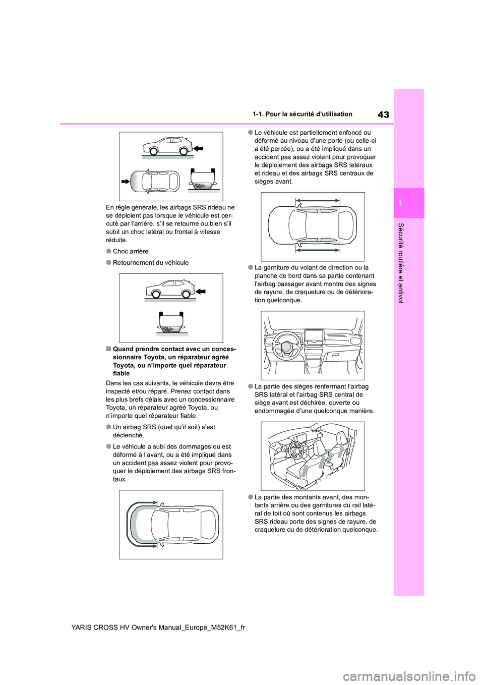 TOYOTA YARIS CROSS 2021  Notices Demploi (in French) 43
1
YARIS CROSS HV Owner's Manual_Europe_M52K61_fr
1-1. Pour la sécurité d’utilisation
Sécurité routière et antivol
En règle générale, les airbags SRS rideau ne  se déploient pas lorsq