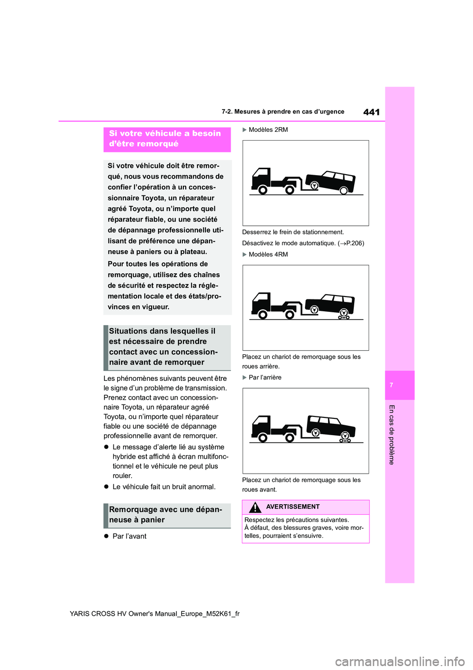 TOYOTA YARIS CROSS 2021 Notices Demploi (in French) 441
7
YARIS CROSS HV Owner's Manual_Europe_M52K61_fr
7-2. Mesures à prendre en cas d’urgence
En cas de problème
7-2.Mesures à prendre en cas d’urgence
Les phénomènes suivants peuvent êtr TOYOTA YARIS CROSS 2021 Notices Demploi (in French) 441
7
YARIS CROSS HV Owner's Manual_Europe_M52K61_fr
7-2. Mesures à prendre en cas d’urgence
En cas de problème
7-2.Mesures à prendre en cas d’urgence
Les phénomènes suivants peuvent êtr