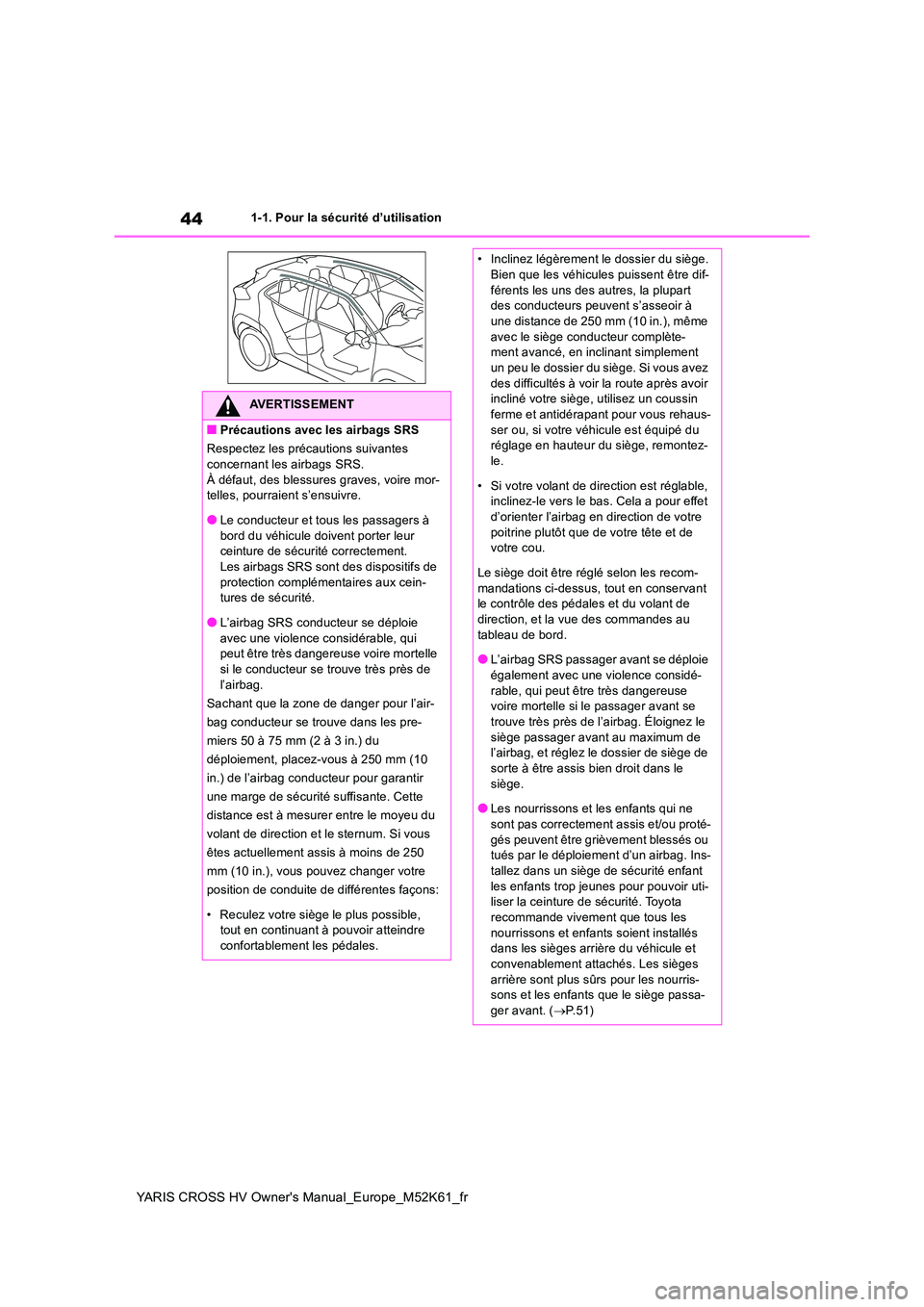 TOYOTA YARIS CROSS 2021  Notices Demploi (in French) 44
YARIS CROSS HV Owner's Manual_Europe_M52K61_fr
1-1. Pour la sécurité d’utilisation
AVERTISSEMENT
■Précautions avec les airbags SRS 
Respectez les précautions suivantes  
concernant les 