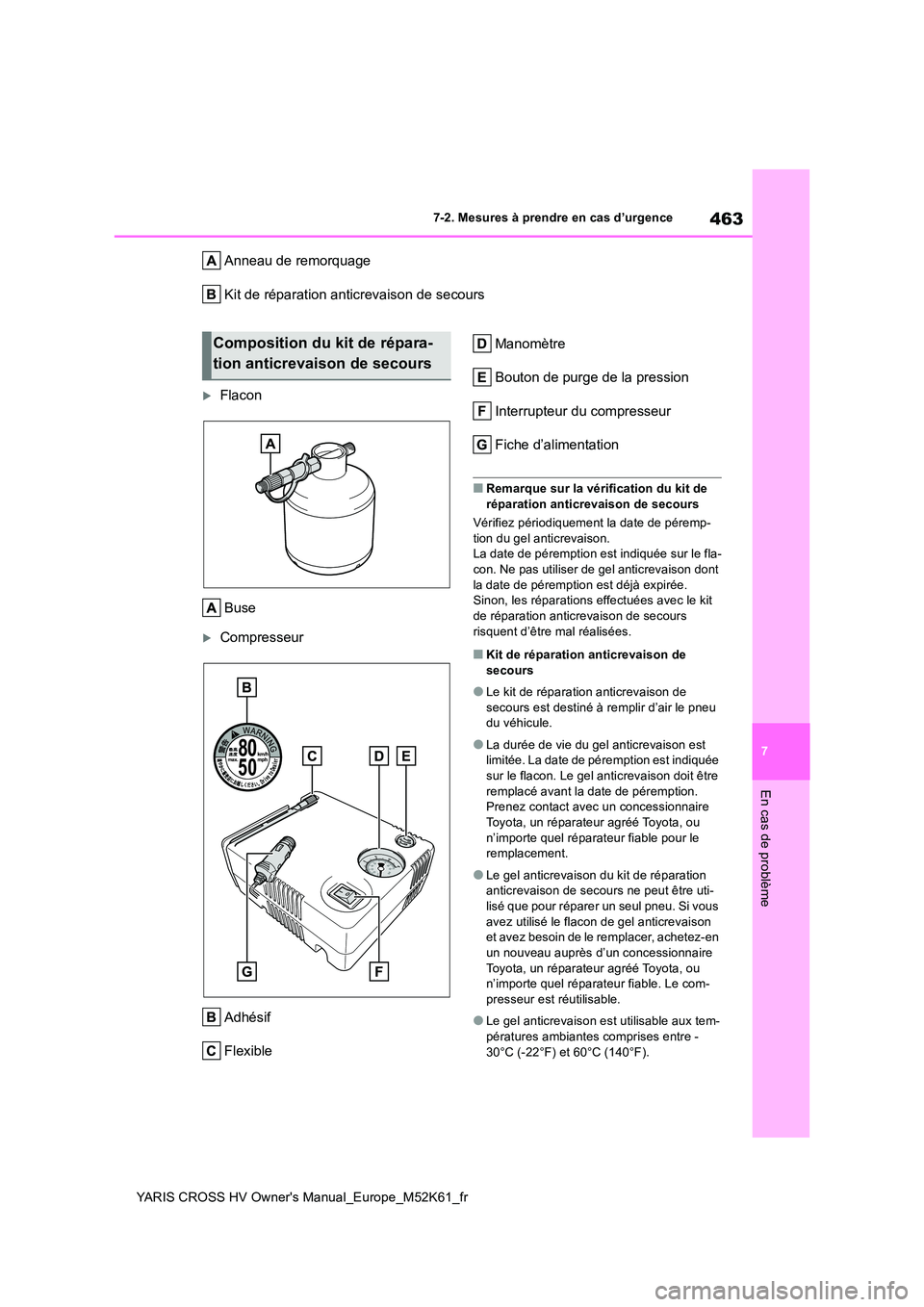 TOYOTA YARIS CROSS 2021 Notices Demploi (in French) 463
7
YARIS CROSS HV Owner's Manual_Europe_M52K61_fr
7-2. Mesures à prendre en cas d’urgence
En cas de problème
Anneau de remorquage
Kit de réparation anticrevaison de secours
Flacon
Bus TOYOTA YARIS CROSS 2021 Notices Demploi (in French) 463
7
YARIS CROSS HV Owner's Manual_Europe_M52K61_fr
7-2. Mesures à prendre en cas d’urgence
En cas de problème
Anneau de remorquage
Kit de réparation anticrevaison de secours
Flacon
Bus