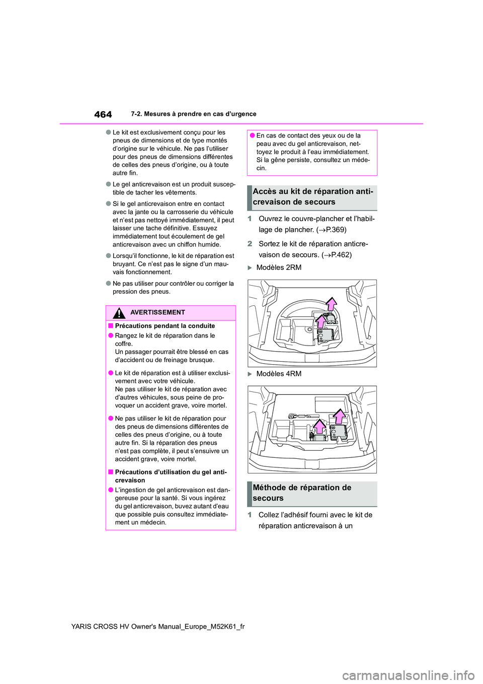 TOYOTA YARIS CROSS 2021 Notices Demploi (in French) 464
YARIS CROSS HV Owner's Manual_Europe_M52K61_fr
7-2. Mesures à prendre en cas d’urgence
●Le kit est exclusivement conçu pour les pneus de dimensions et de type montés d’origine sur le TOYOTA YARIS CROSS 2021 Notices Demploi (in French) 464
YARIS CROSS HV Owner's Manual_Europe_M52K61_fr
7-2. Mesures à prendre en cas d’urgence
●Le kit est exclusivement conçu pour les pneus de dimensions et de type montés d’origine sur le
