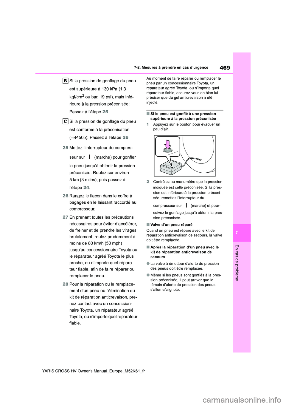 TOYOTA YARIS CROSS 2021 Notices Demploi (in French) 469
7
YARIS CROSS HV Owner's Manual_Europe_M52K61_fr
7-2. Mesures à prendre en cas d’urgence
En cas de problème
Si la pression de gonflage du pneu
est supérieure à 130 kPa (1,3
kgf/cm2 o TOYOTA YARIS CROSS 2021 Notices Demploi (in French) 469
7
YARIS CROSS HV Owner's Manual_Europe_M52K61_fr
7-2. Mesures à prendre en cas d’urgence
En cas de problème
Si la pression de gonflage du pneu
est supérieure à 130 kPa (1,3
kgf/cm2 o