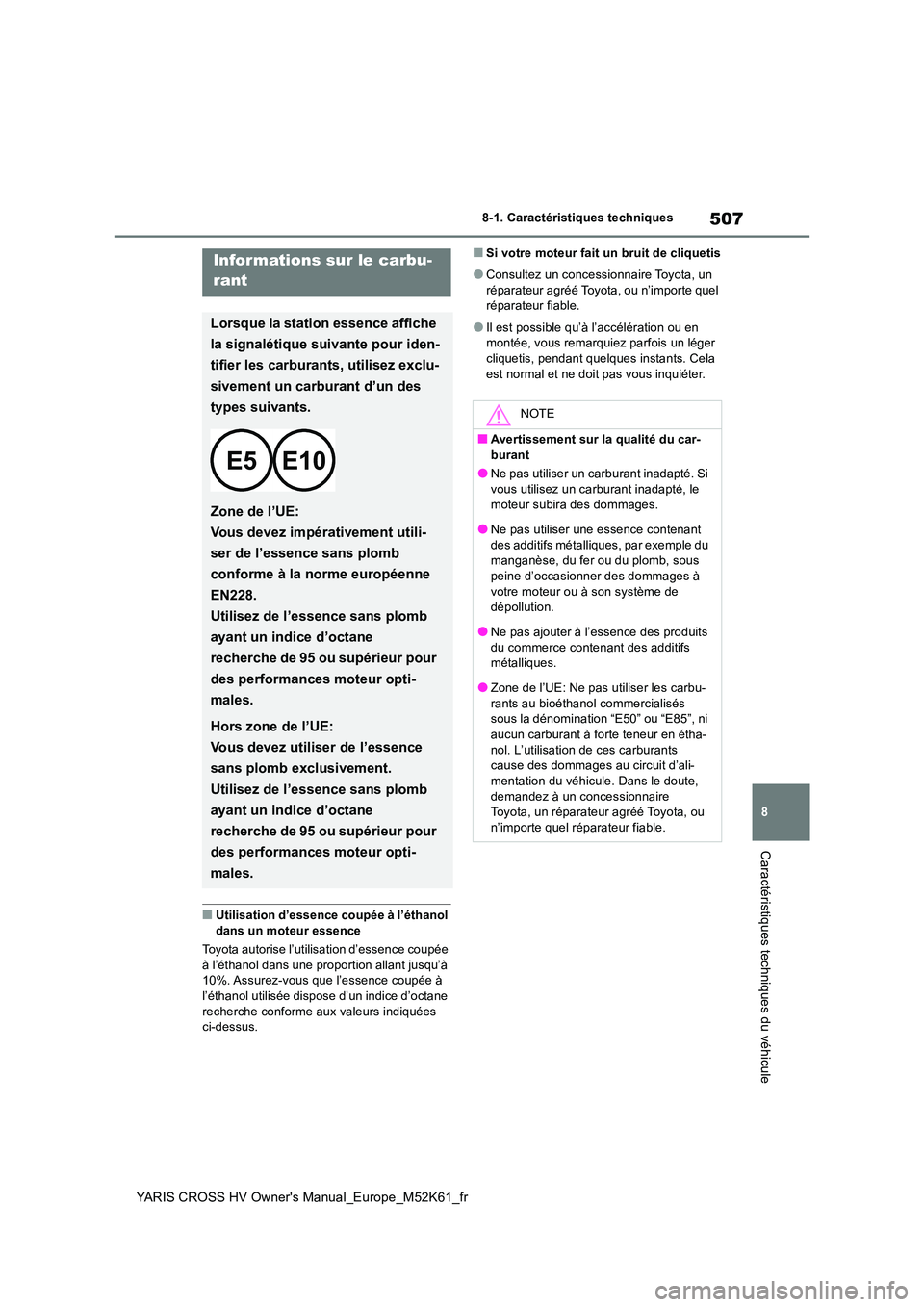 TOYOTA YARIS CROSS 2021  Notices Demploi (in French) 507
8
YARIS CROSS HV Owner's Manual_Europe_M52K61_fr
8-1. Caractéristiques techniques
Caractéristiques techniques du véhicule
■Utilisation d’essence coupée à l’éthanol  
dans un moteur