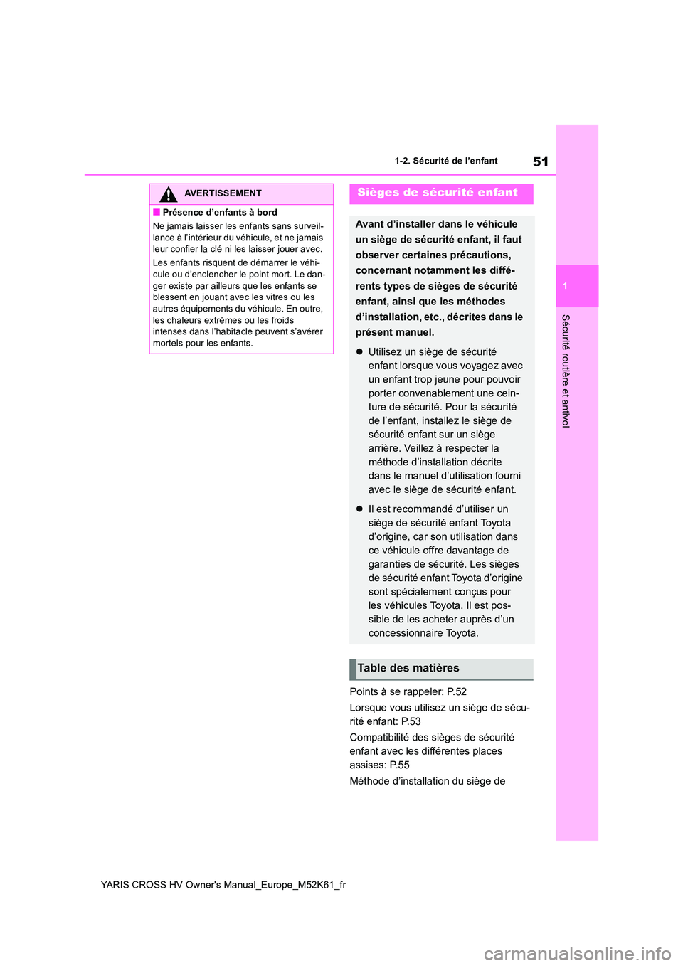 TOYOTA YARIS CROSS 2021 Notices Demploi (in French) 51
1
YARIS CROSS HV Owner's Manual_Europe_M52K61_fr
1-2. Sécurité de l’enfant
Sécurité routière et antivol
Points à se rappeler: P.52
Lorsque vous utilisez un siège de sécu-
rité enfa TOYOTA YARIS CROSS 2021 Notices Demploi (in French) 51
1
YARIS CROSS HV Owner's Manual_Europe_M52K61_fr
1-2. Sécurité de l’enfant
Sécurité routière et antivol
Points à se rappeler: P.52
Lorsque vous utilisez un siège de sécu-
rité enfa