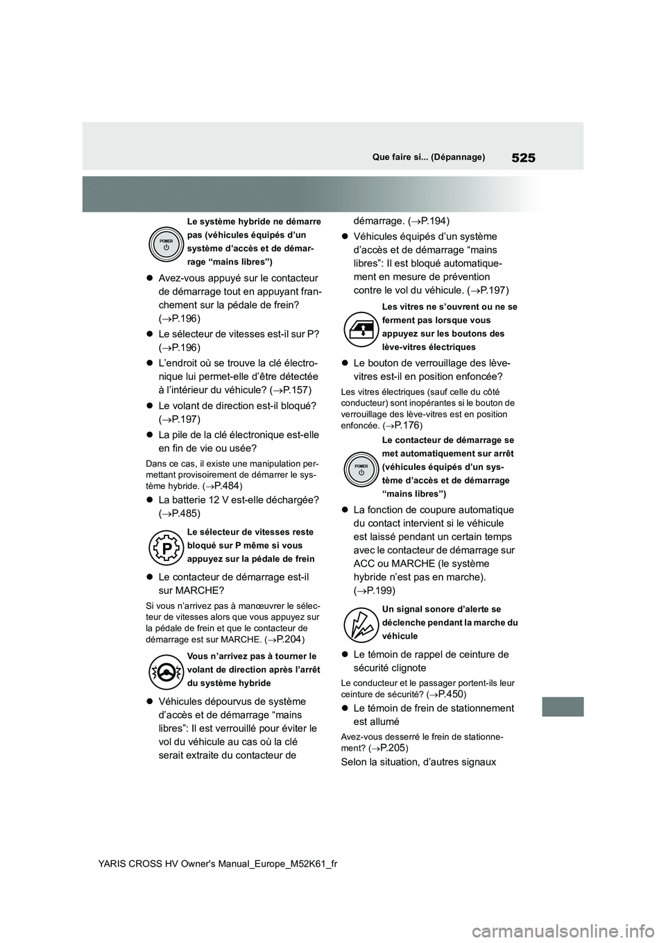 TOYOTA YARIS CROSS 2021  Notices Demploi (in French) 525
YARIS CROSS HV Owner's Manual_Europe_M52K61_fr
Que faire si... (Dépannage)
Avez-vous appuyé sur le contacteur  
de démarrage tout en appuyant fran-
chement sur la pédale de frein? 
( 
