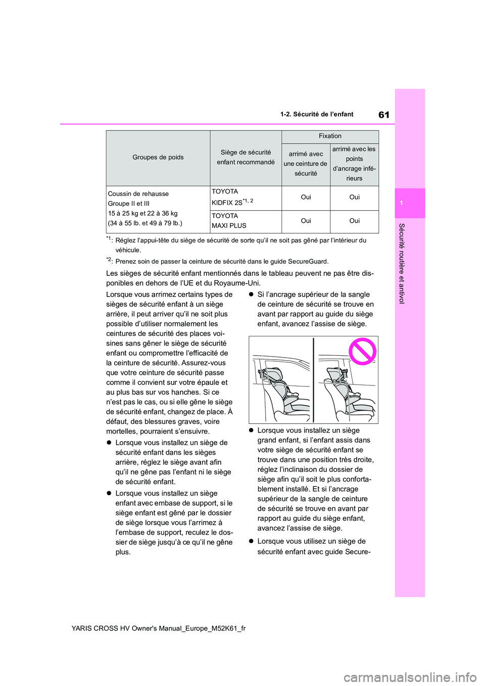 TOYOTA YARIS CROSS 2021 Notices Demploi (in French) 61
1
YARIS CROSS HV Owner's Manual_Europe_M52K61_fr
1-2. Sécurité de l’enfant
Sécurité routière et antivol
*1: Réglez l’appui-tête du siège de sécurité de sorte qu’il ne soit pas g TOYOTA YARIS CROSS 2021 Notices Demploi (in French) 61
1
YARIS CROSS HV Owner's Manual_Europe_M52K61_fr
1-2. Sécurité de l’enfant
Sécurité routière et antivol
*1: Réglez l’appui-tête du siège de sécurité de sorte qu’il ne soit pas g