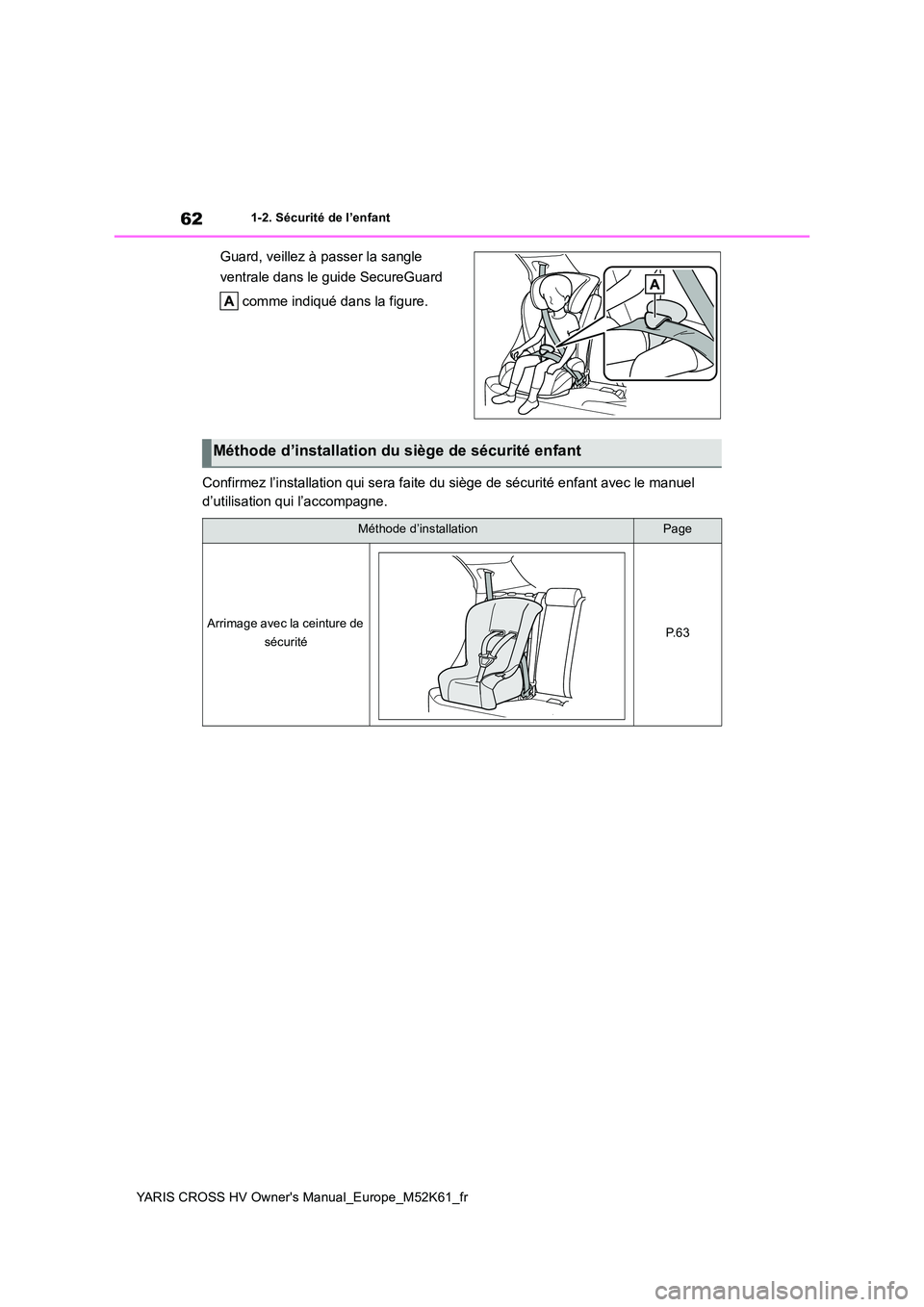 TOYOTA YARIS CROSS 2021 Notices Demploi (in French) 62
YARIS CROSS HV Owner's Manual_Europe_M52K61_fr
1-2. Sécurité de l’enfant
Guard, veillez à passer la sangle
ventrale dans le guide SecureGuard
comme indiqué dans la figure.
Confirmez TOYOTA YARIS CROSS 2021 Notices Demploi (in French) 62
YARIS CROSS HV Owner's Manual_Europe_M52K61_fr
1-2. Sécurité de l’enfant
Guard, veillez à passer la sangle
ventrale dans le guide SecureGuard
comme indiqué dans la figure.
Confirmez