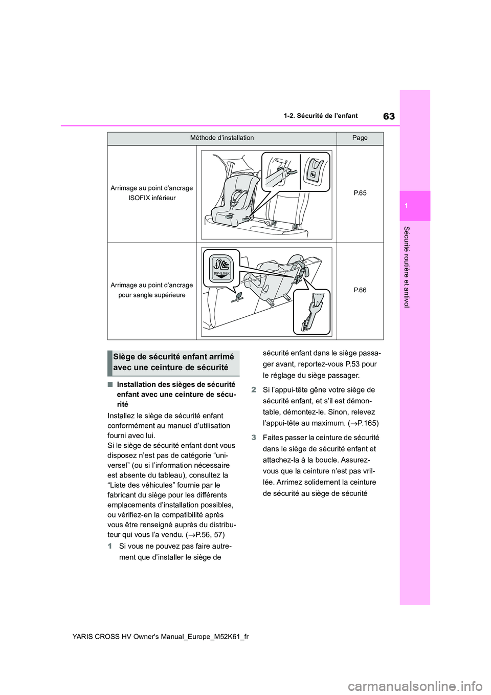 TOYOTA YARIS CROSS 2021 Notices Demploi (in French) 63
1
YARIS CROSS HV Owner's Manual_Europe_M52K61_fr
1-2. Sécurité de l’enfant
Sécurité routière et antivol
■Installation des sièges de sécurité
enfant avec une ceinture de sécu-
rit TOYOTA YARIS CROSS 2021 Notices Demploi (in French) 63
1
YARIS CROSS HV Owner's Manual_Europe_M52K61_fr
1-2. Sécurité de l’enfant
Sécurité routière et antivol
■Installation des sièges de sécurité
enfant avec une ceinture de sécu-
rit