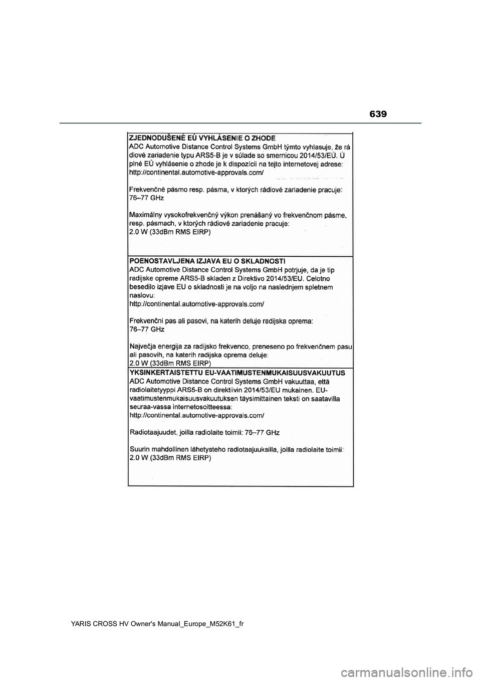 TOYOTA YARIS CROSS 2021 Notices Demploi (in French) 639
YARIS CROSS HV Owner's Manual_Europe_M52K61_fr TOYOTA YARIS CROSS 2021 Notices Demploi (in French) 639
YARIS CROSS HV Owner's Manual_Europe_M52K61_fr